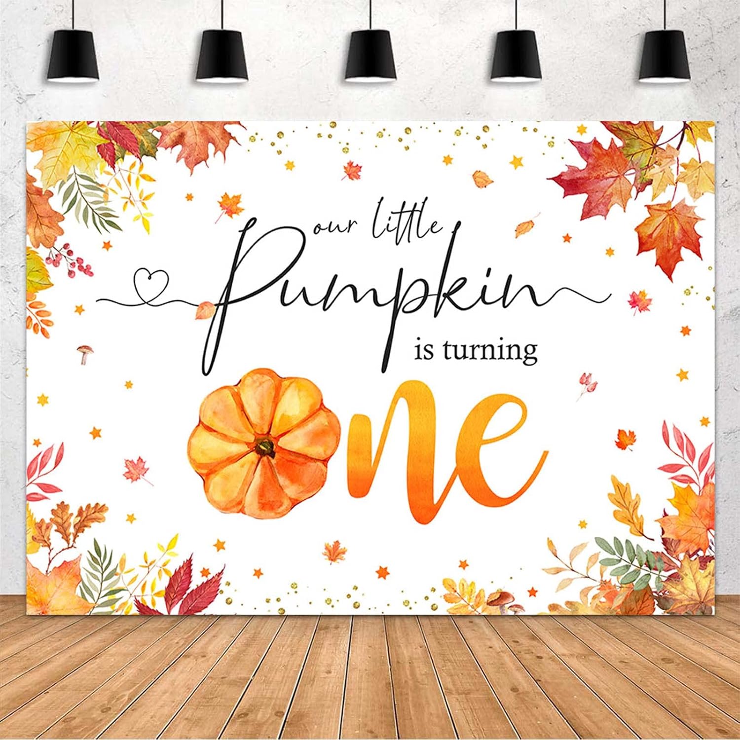 MEHOFOND Decoración de fiesta de primer cumpleaños de calabaza de 7 x 5 pies, telón de fondo con texto en inglés “Little Pumpkin is Turning One”,