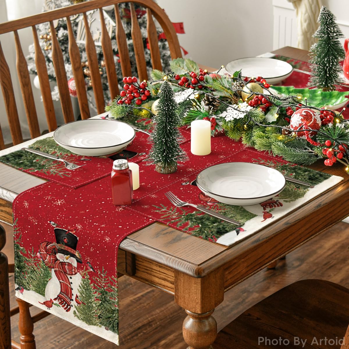 Artoid Mode Juego de 8 manteles individuales de Navidad de árbol de muñeco de nieve rojo, 12 x 18 pulgadas, para decoración de fiestas, cocina,