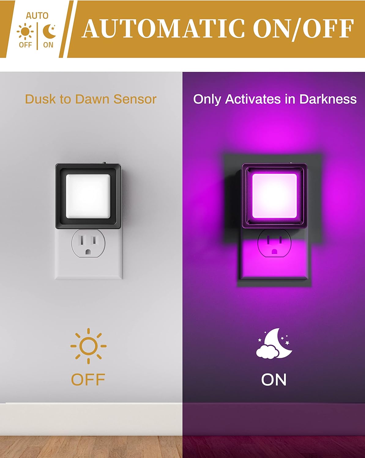 DORESshop Paquete de 2 luces nocturnas moradas, luces nocturnas enchufables a la pared, luz nocturna, sensor de atardecer a amanecer, luz nocturna