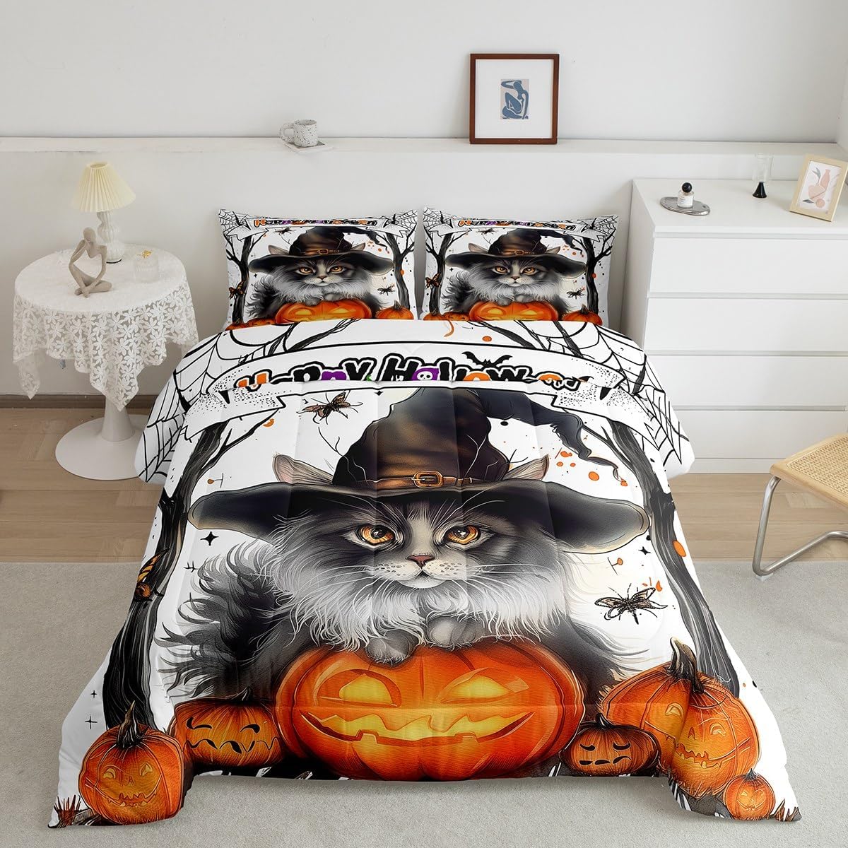 Juego de ropa de cama de Halloween tamaño Queen, lindo juego de edredón con temática de truco o trato, juego de edredón de calabaza de Halloween,