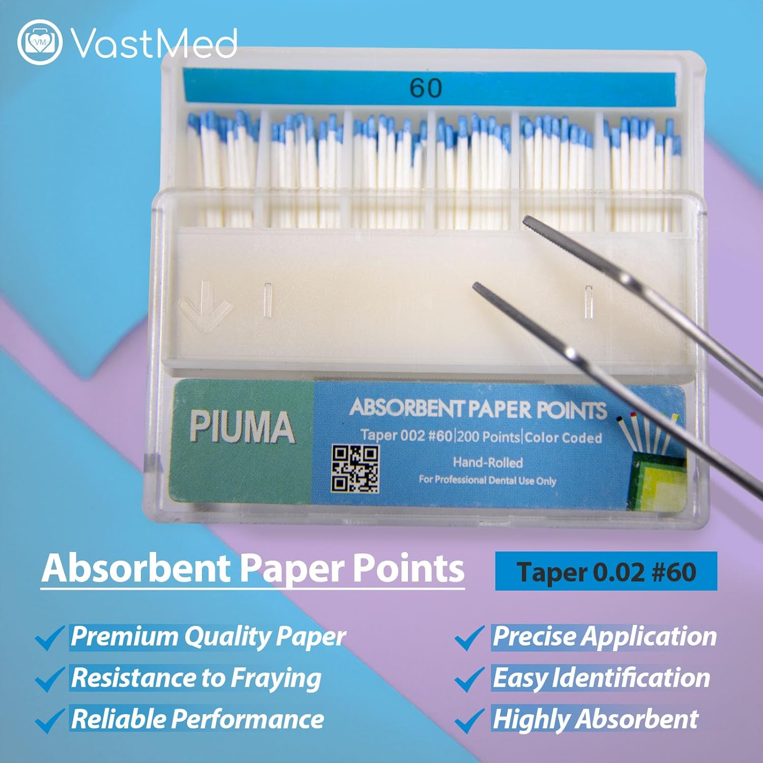 200 puntos de papel absorbente Piuma de grado dental #60 de varios tamaños  Tapper para endodoncia endodóntica dental, estéril, tamaños mixtos