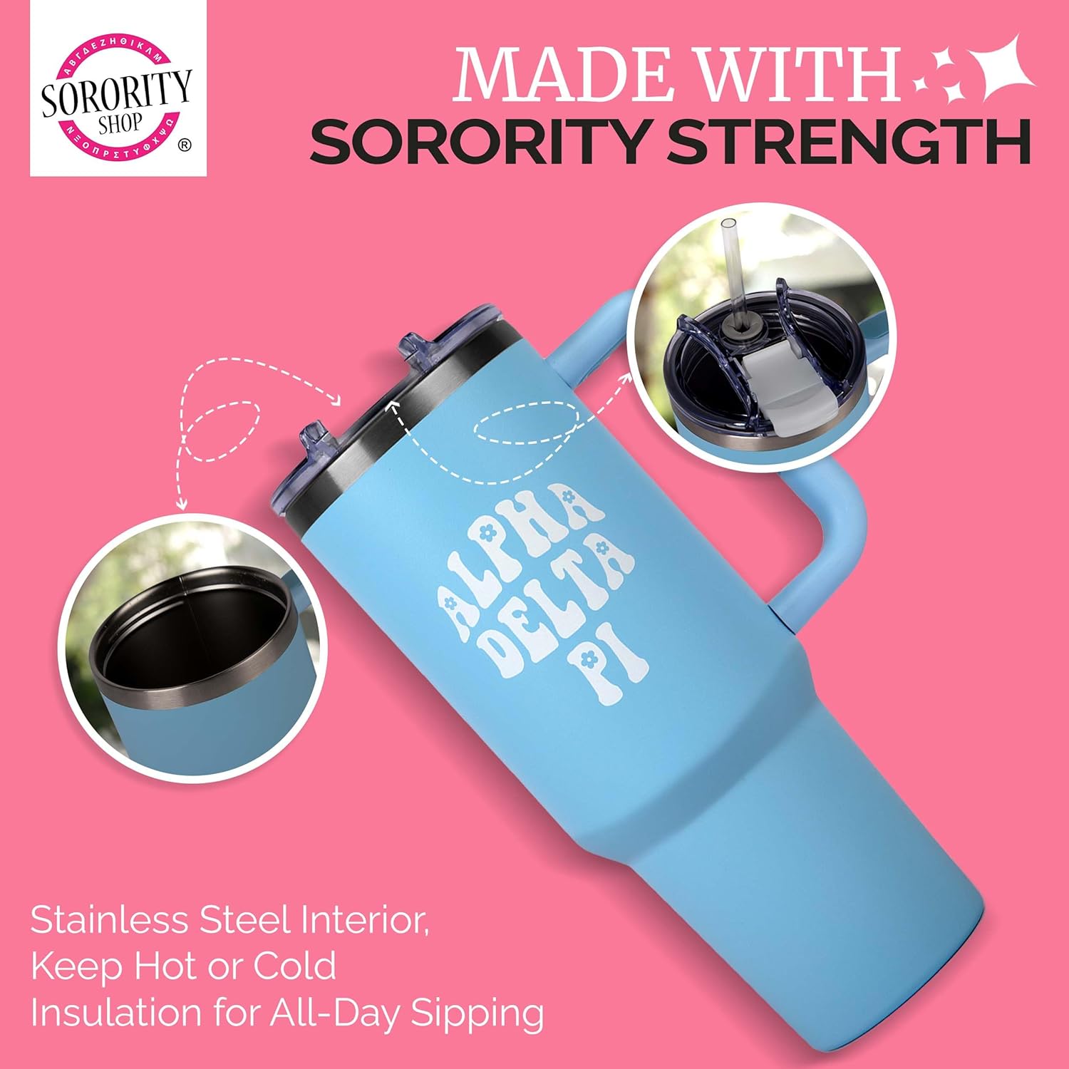 Sorority Shop Alpha Chi Omega – Vaso de 40 onzas con asa  Vasos para mejor amiga para mujer  Lindo vaso con grabado de hermandad  Vasos aislados
