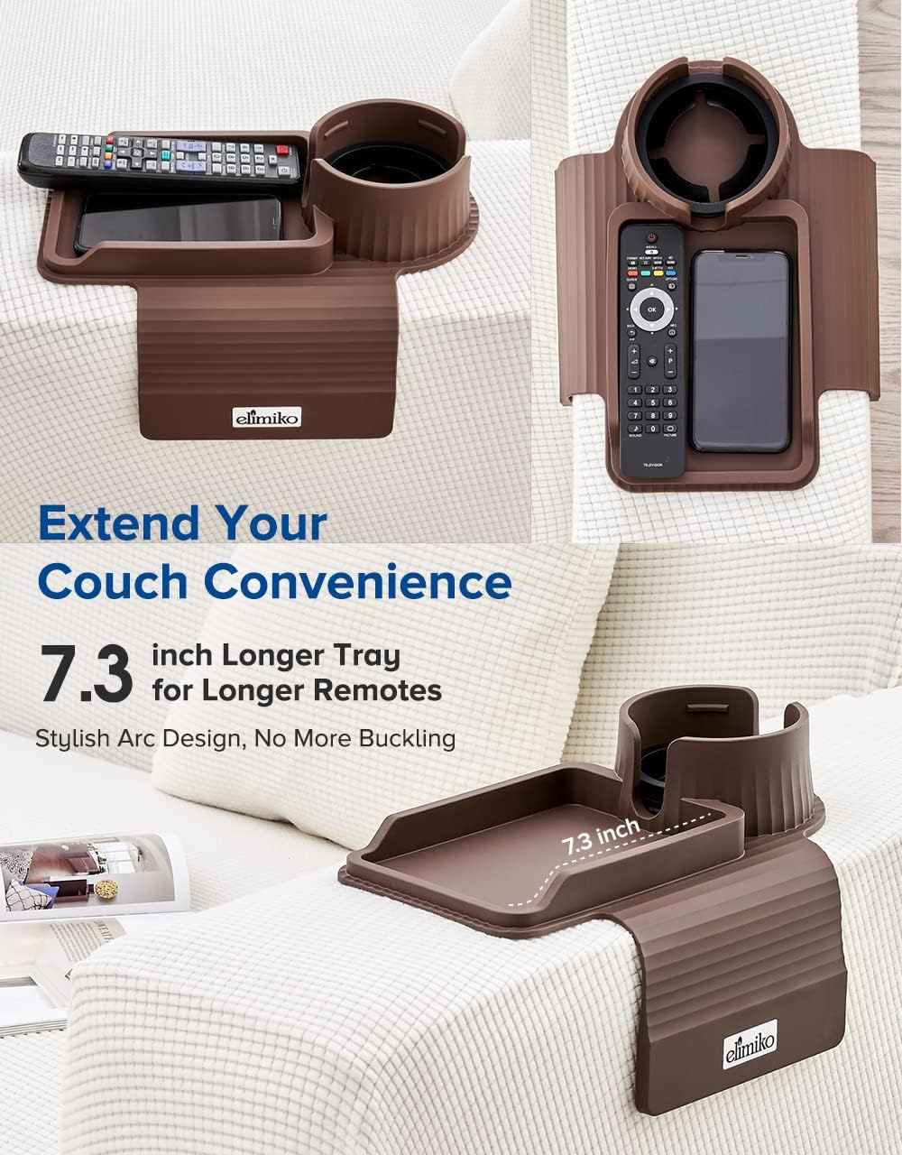 Elimiko – Bandeja para portavasos de sofá, de silicona, con soporte grande para tazas y bandeja, para tazas de gran tamaño, control remoto largo,