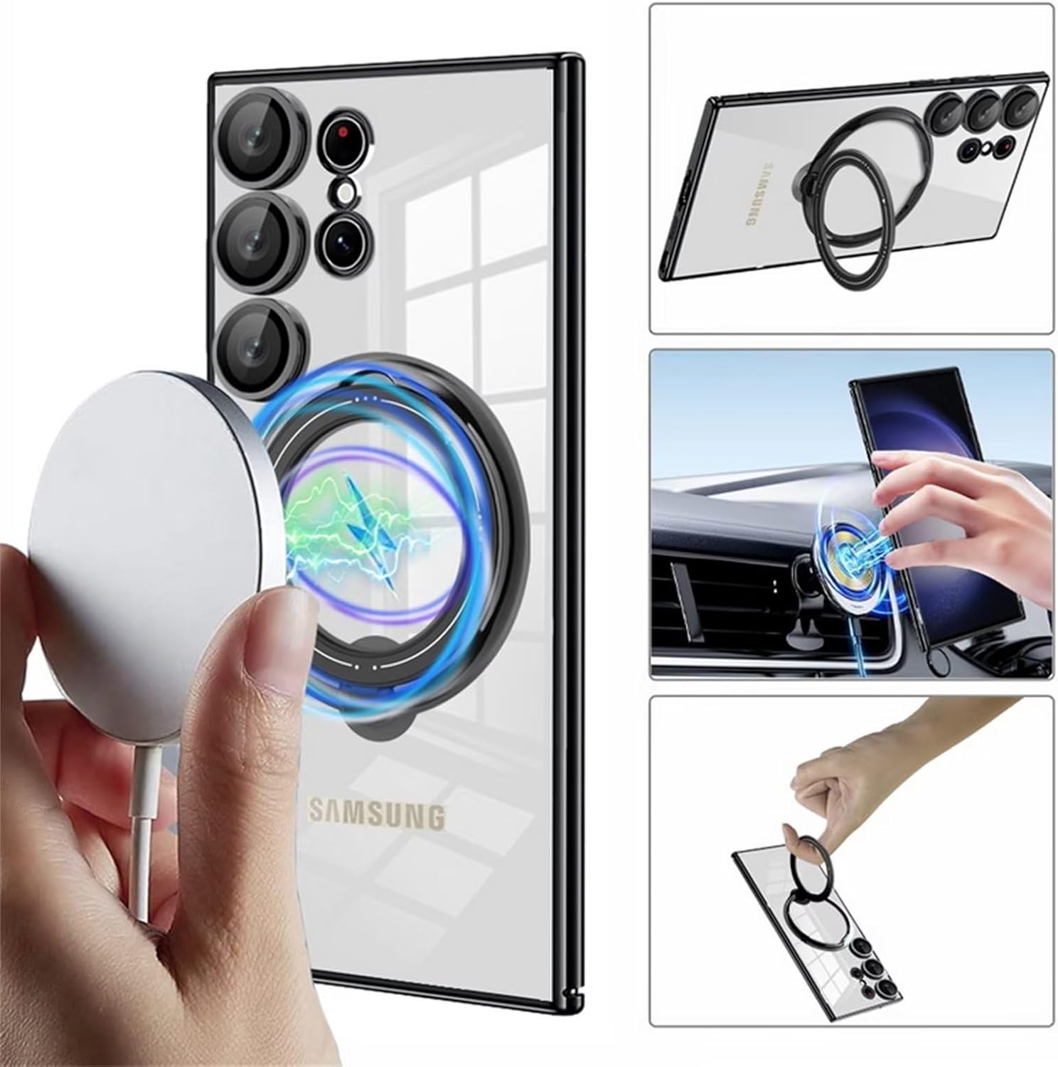 FCSWEET Funda magnética transparente compatible con Samsung A32 4G, compatible con soporte de anillo MagSafe, soporte plegable invisible, protección