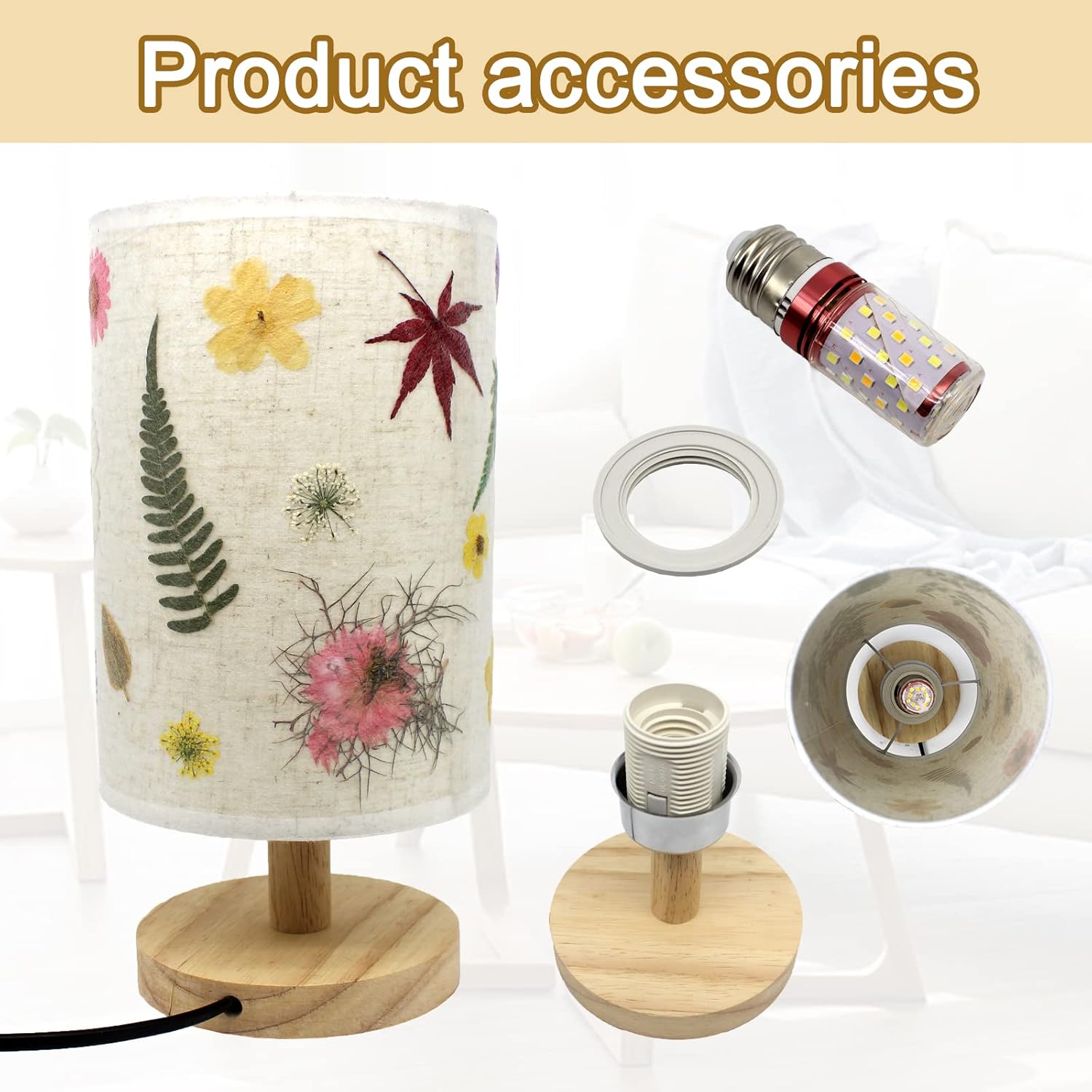 Lámpara de noche de flores prensadas, lámpara de mesa floral, 3 modos de luz, flores secas reales, decoración de flores prensadas, pantalla floral,