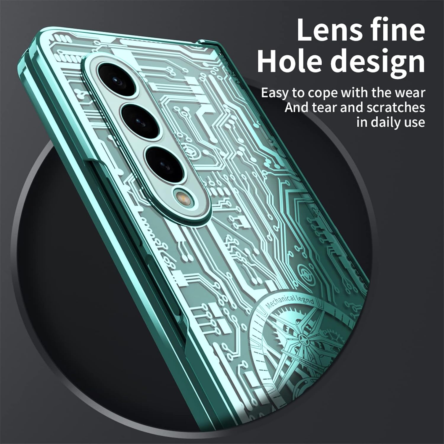 Funda para Samsung Galaxy Z Fold 4 5G, patrón de engranaje mecánico, protección de bisagra, cubierta de policarbonato chapado transparente con