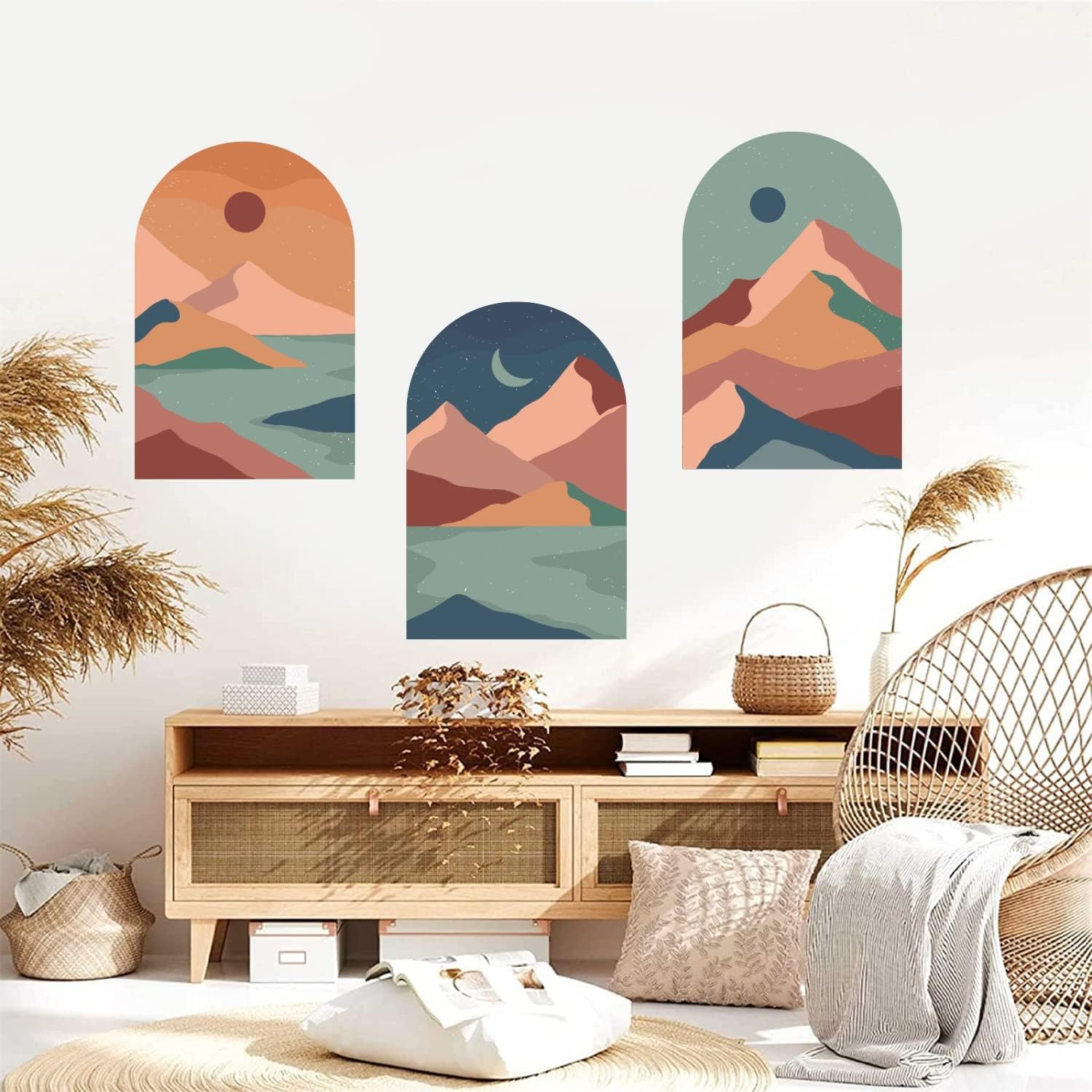 TOARTI Calcomanía de pared bohemia, calcomanías de pared de arco, estilo bohemio, arte de pared moderno para sala de estar, calcomanías de montaña