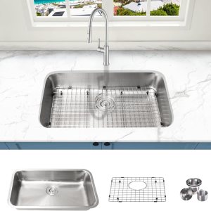 KABCO Fregadero de cocina de acero inoxidable de 30 pulgadas compatible con la ADA, con colador de fregadero, cesta de basura extraíble y rejilla de KABCO Fregadero de cocina de acero inoxidable de 30 pulgadas compatible con la ADA, con colador de fregadero, cesta de basura extraíble y rejilla de