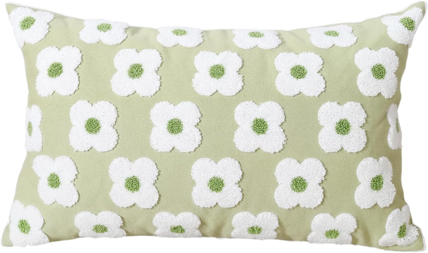 Funda de almohada bordada de 12 x 20 pulgadas, diseño floral verde claro, decoración del hogar, funda de almohada bordada de lona de algodón gruesa