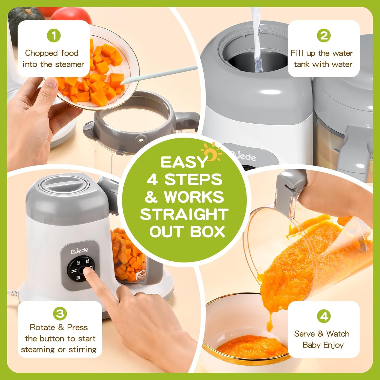 DUEDE – Máquina de alimentos para bebés, control de rotación y presión, un botón, comida para bebés en minutos, licuadora de puré de vapor