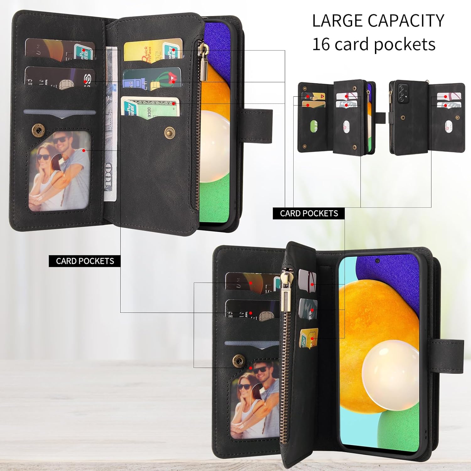 Asuwish Funda de teléfono para Samsung Galaxy A52A52S 5G Funda tipo cartera con protector de pantalla de vidrio templado y correa para la muñeca de