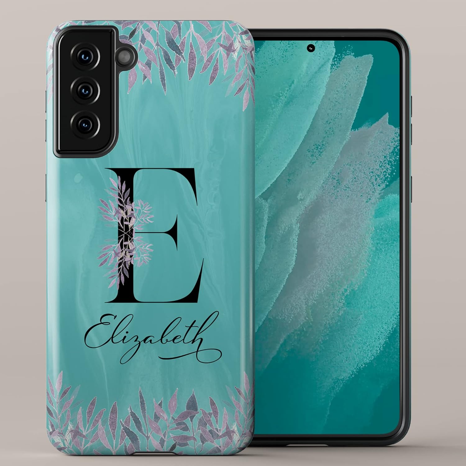 Funda con inicial de monograma verde azulado, diseño floral con nombre, diseñada para Samsung Galaxy S24 Plus, S23 Ultra, S22, S21, S20, S10, S10e,
