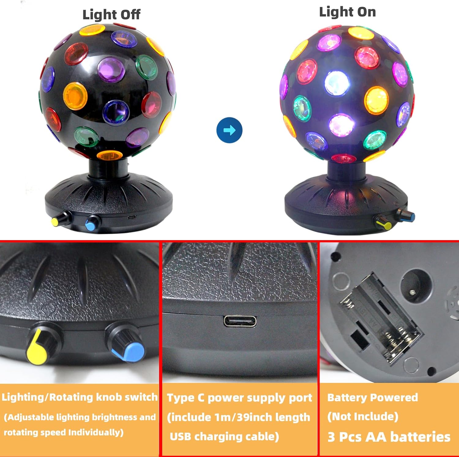 Proyector de luz nocturna LED de bola de discoteca giratoria de 360, lámpara ajustable de brillo para fiestas, iluminación, Halloween, Navidad,