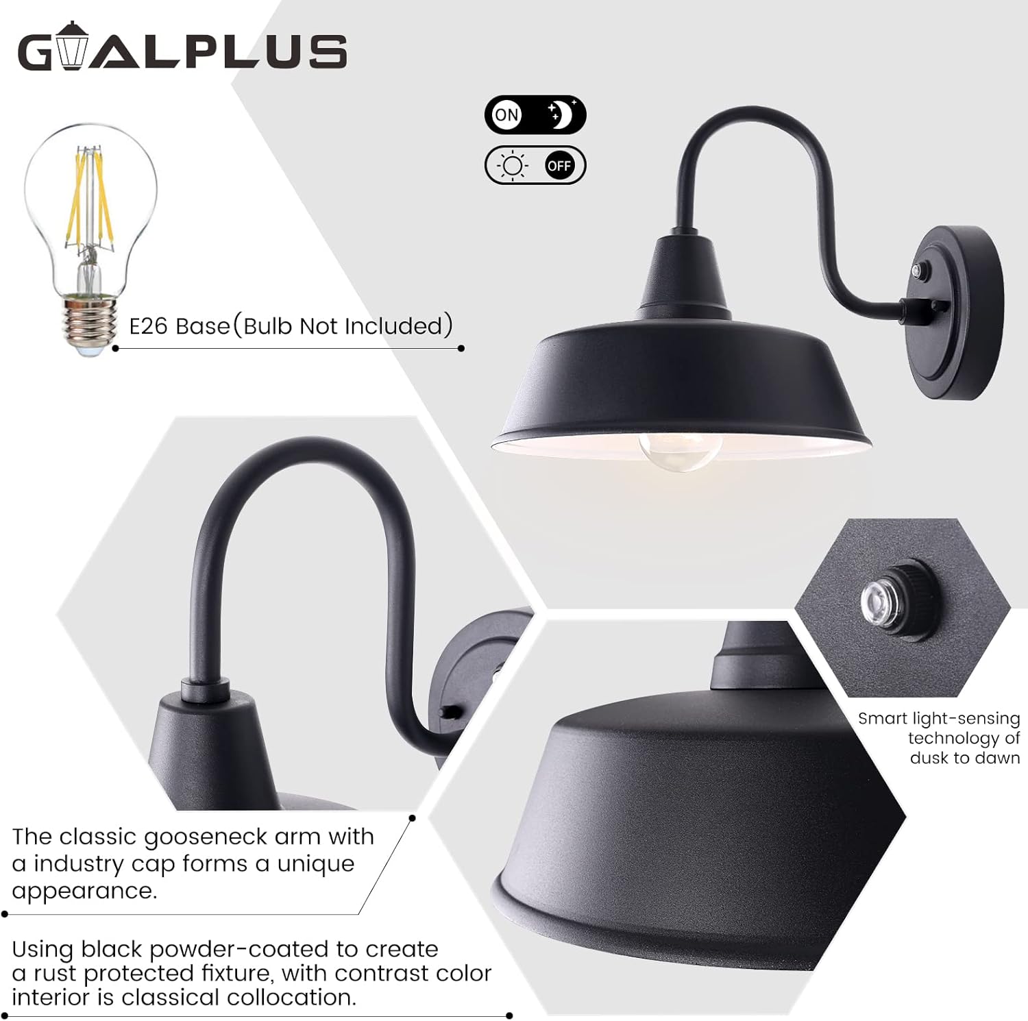 Luces de granero de anochecer al amanecer para exteriores con cúpula de 10 pulgadas, lámpara exterior de cuello de cisne negro con interior blanco,