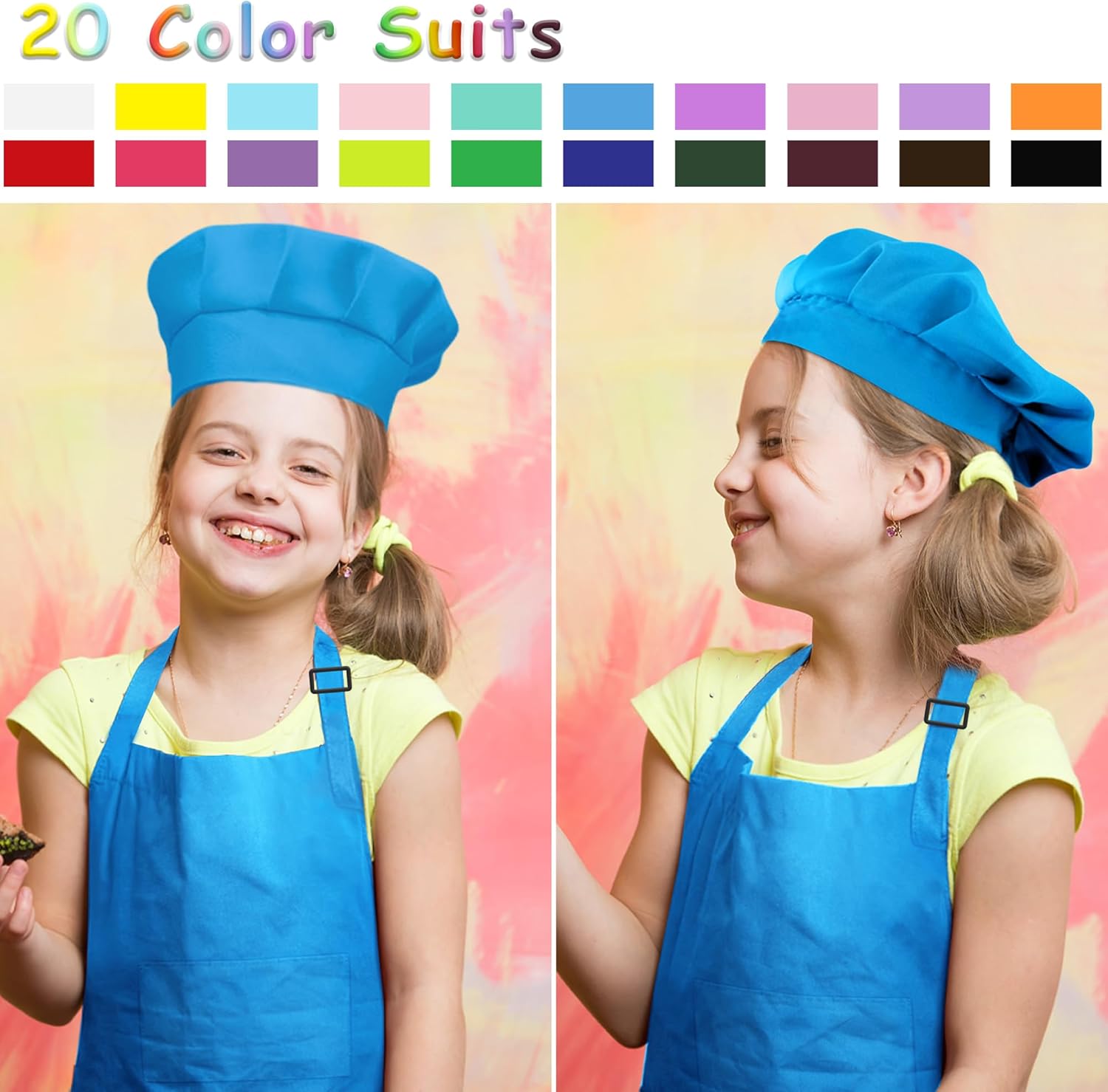 Kids Apron and Chef Hat Set Bulk Childrens Bib with 2 Pockets Adjustable for Boys Girl’s Cooking Baking Painting