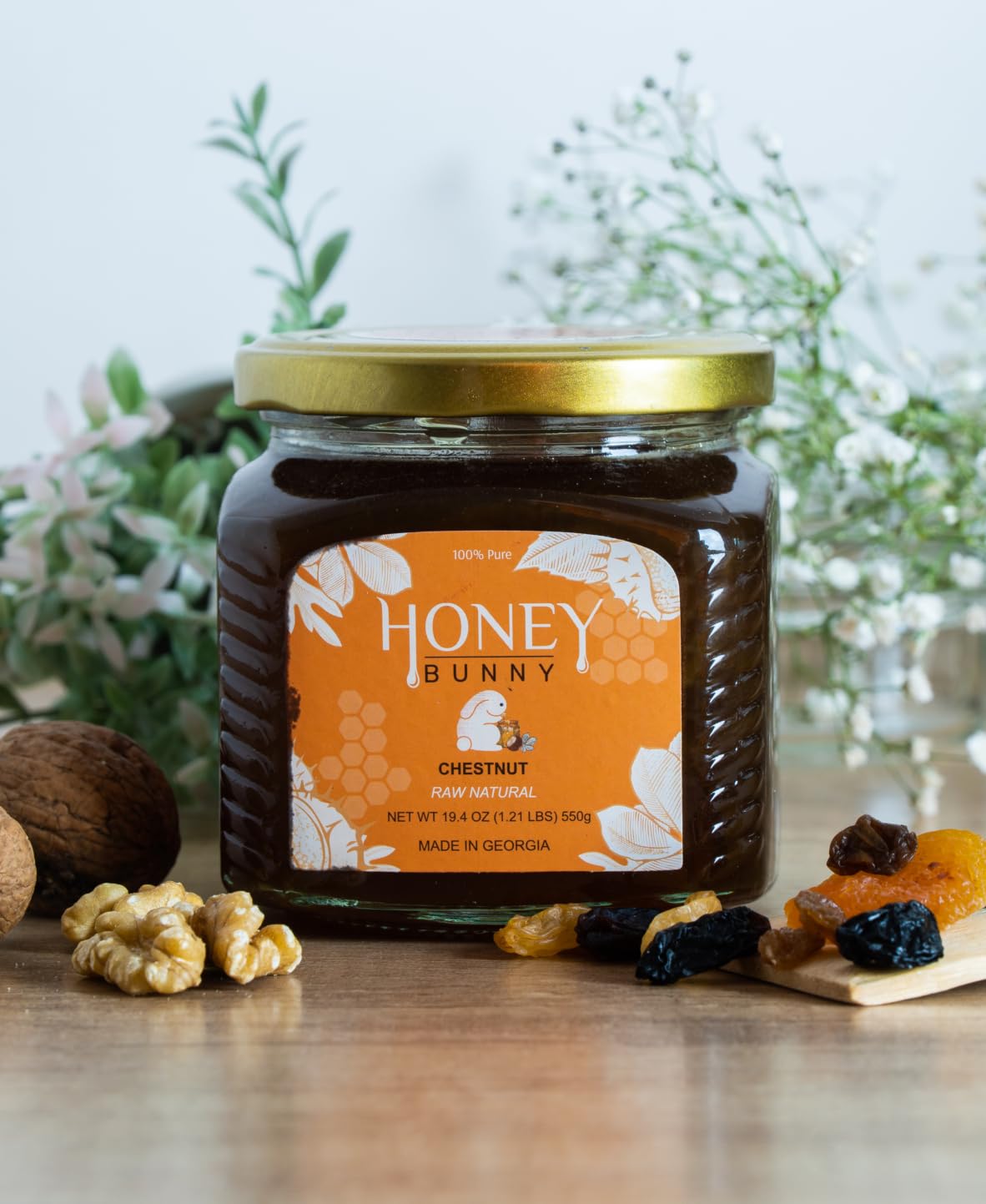 Honey Bunny Castaño crudo natural, buena fuente de antioxidantes, edulcorante alternativo, producto de Georgia 19.4 onzas, paquete de 1