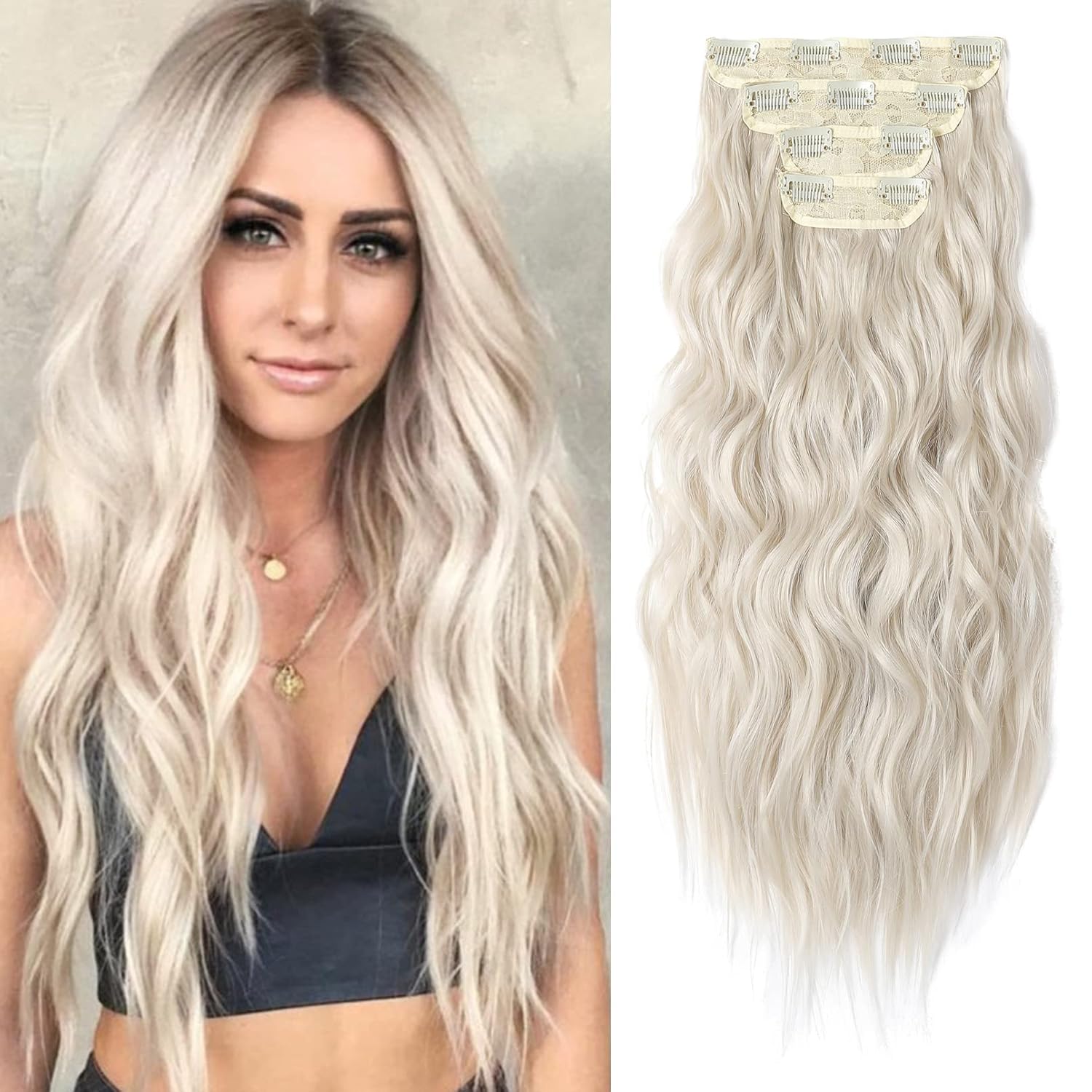 REECHO Extensiones de cabello, 4 extensiones de cabello con clip, HE001, extensiones de cabello sintético natural suave para mujer, rubio platio