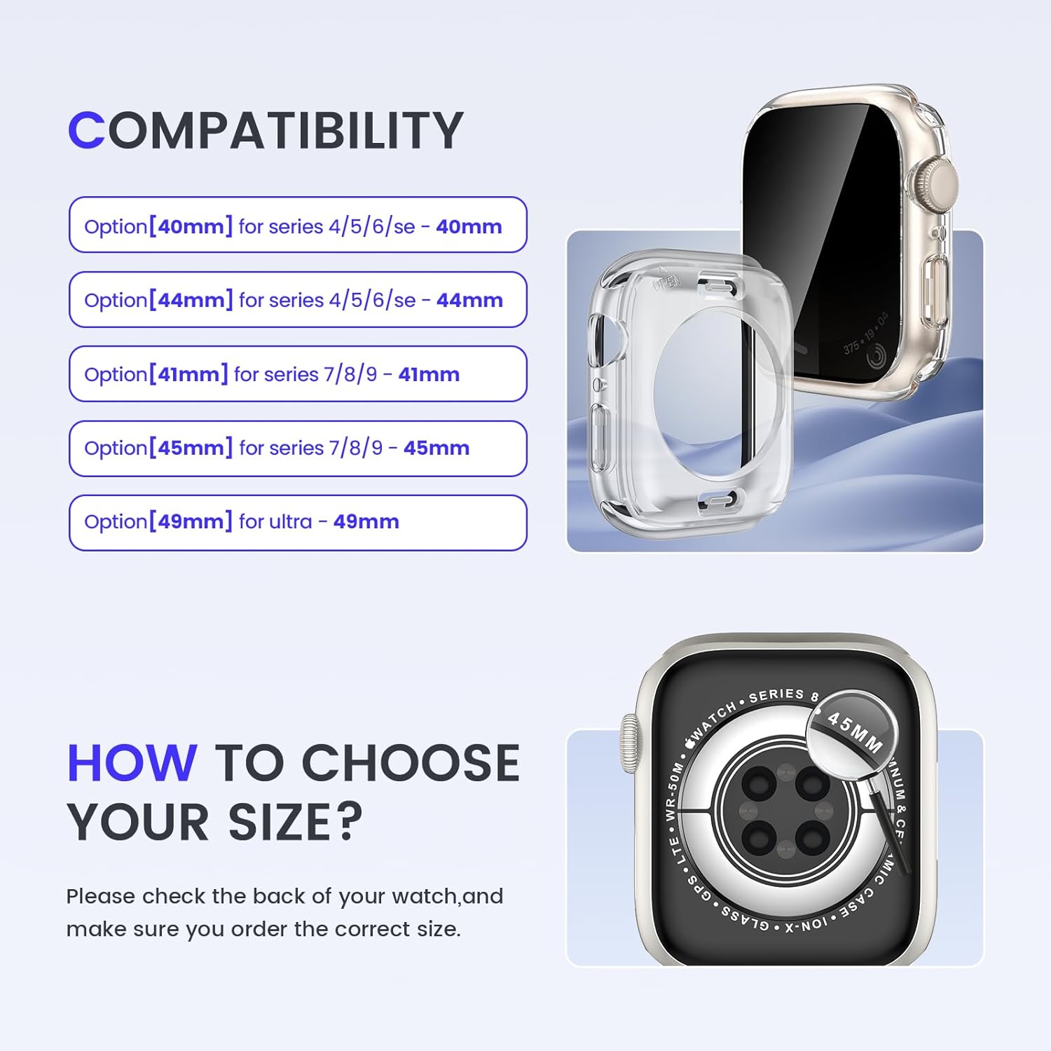 Goton Funda impermeable de privacidad 2 en 1 para Apple Watch Series 9, 8, 7, protector de pantalla de 1.772 in, cubierta frontal de vidrio templado