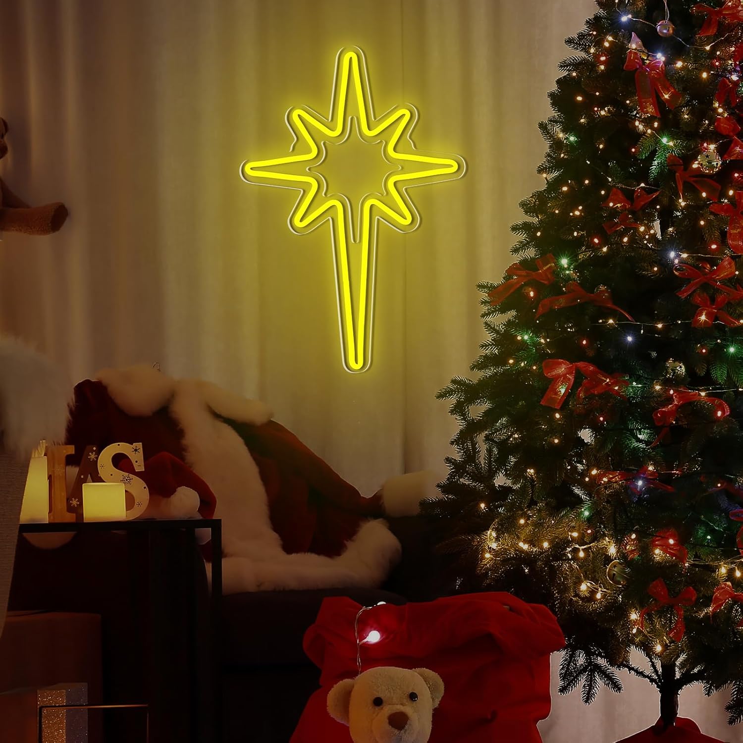 Letrero de neón de estrella iluminada, letrero de neón de estrella de Navidad, letreros de Navidad para decoración de habitación, letrero de neón