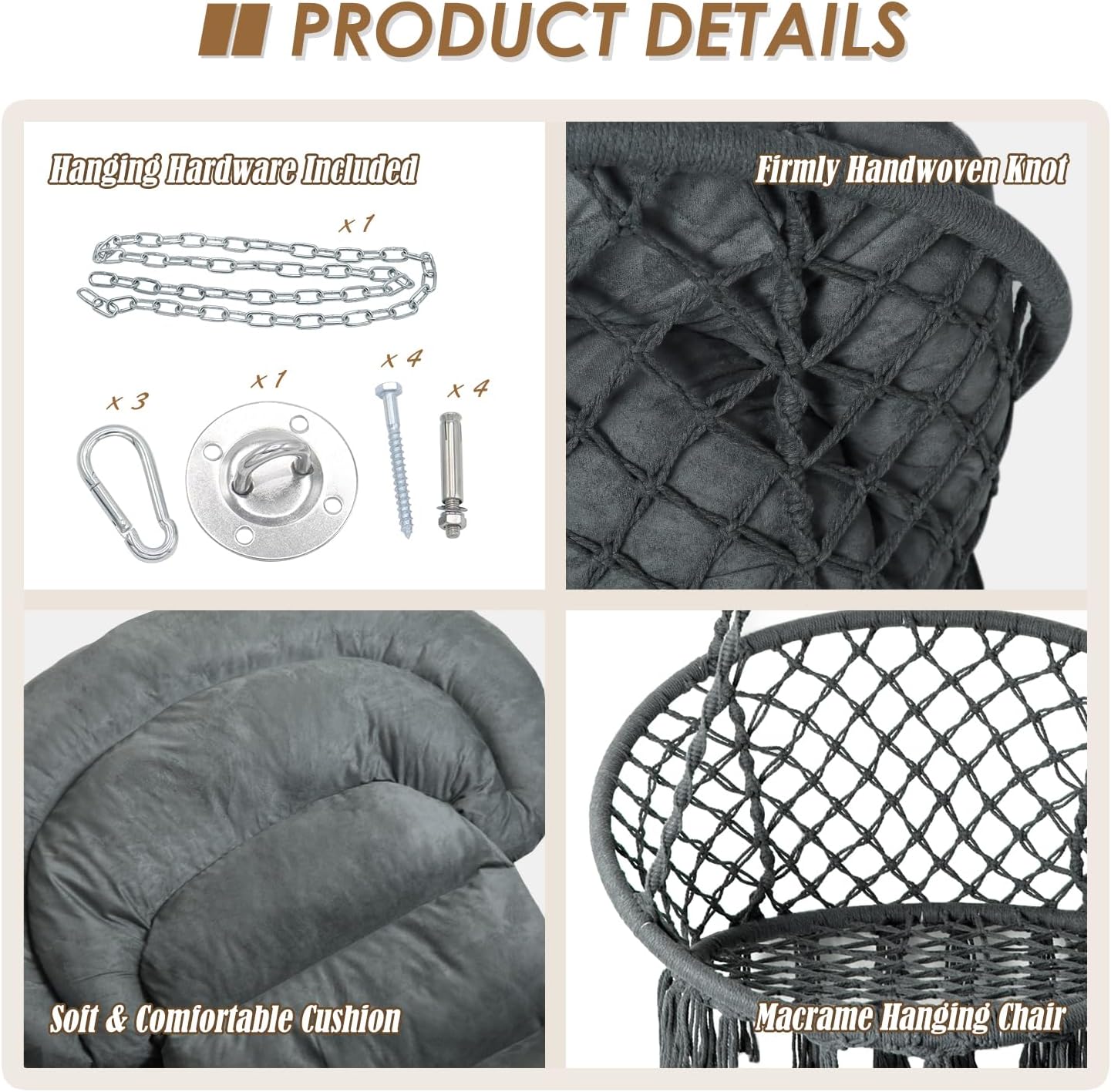 Silla hamaca con cojín, silla columpio de macramé hecha a mano con kits de accesorios para colgar, estilo bohemio, silla colgante de cuerda de