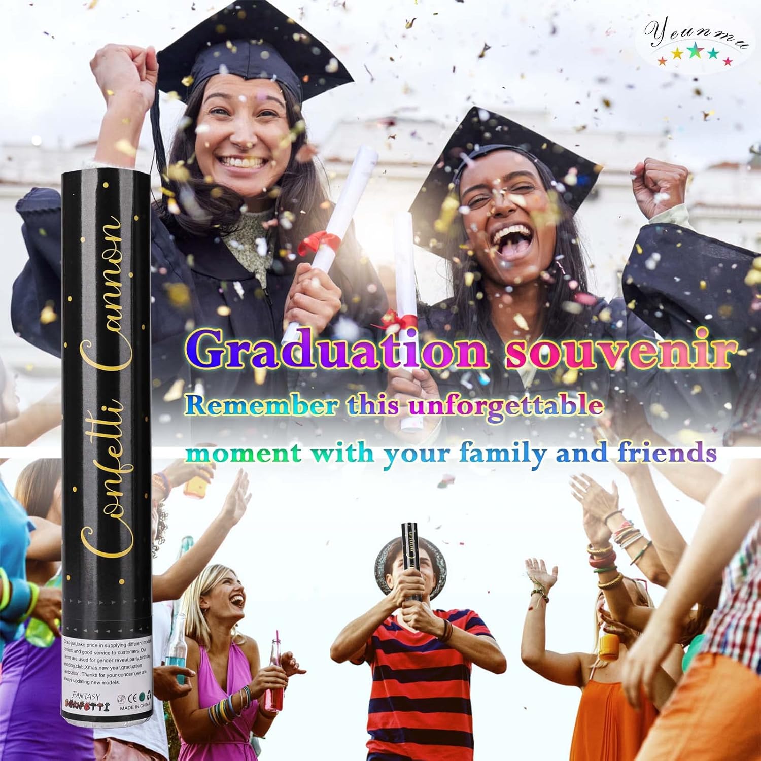Paquete de 5 cañones de confeti biodegradables, 12 pulgadas, confeti de graduación, confeti multicolor, adecuados para graduación, bodas, fiestas de