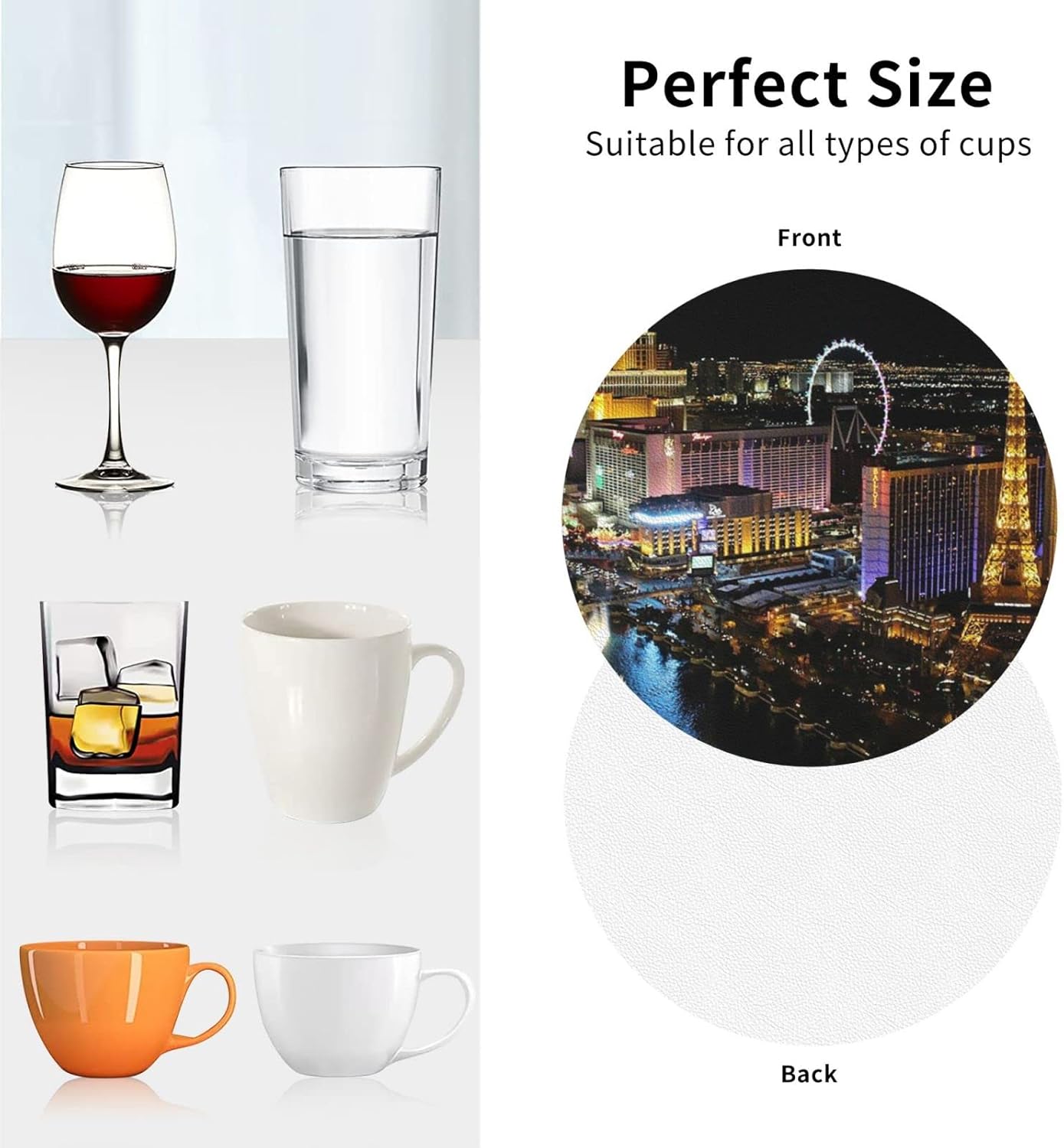 Juego de 4 posavasos de cuero, posavasos personalizados para mesa de café, posavasos con vista nocturna de Las Vegas, posavasos fáciles de limpiar