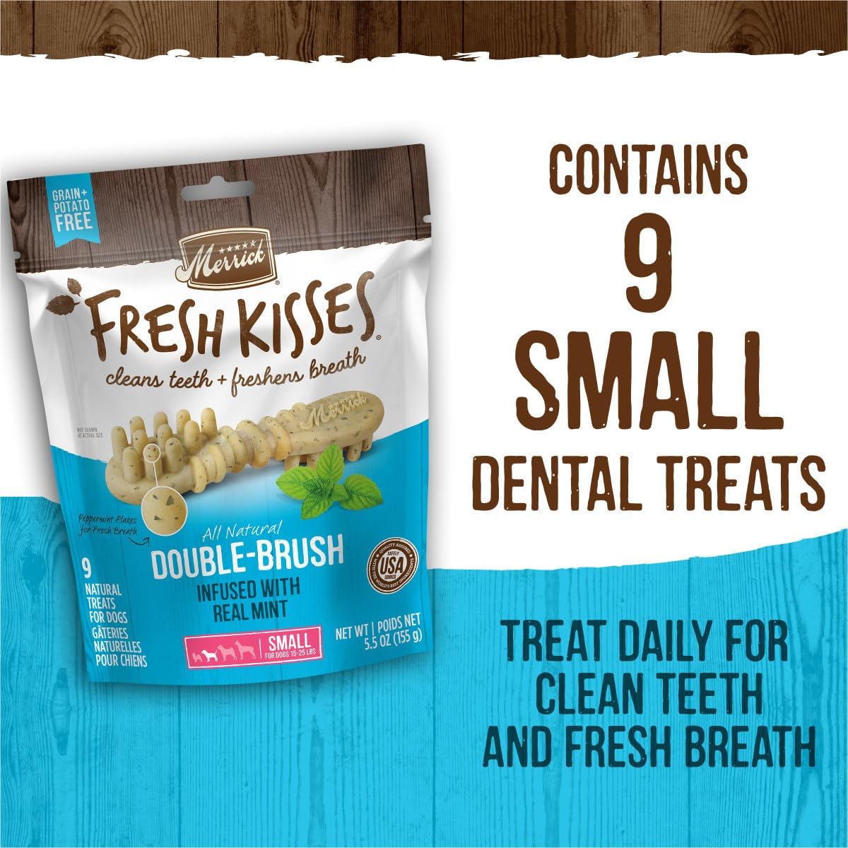 Merrick Fresh Kisses – Masticables dentales para perros para razas pequeñas, golosinas para perros sin granos con infusión de menta real, (6) bolsas