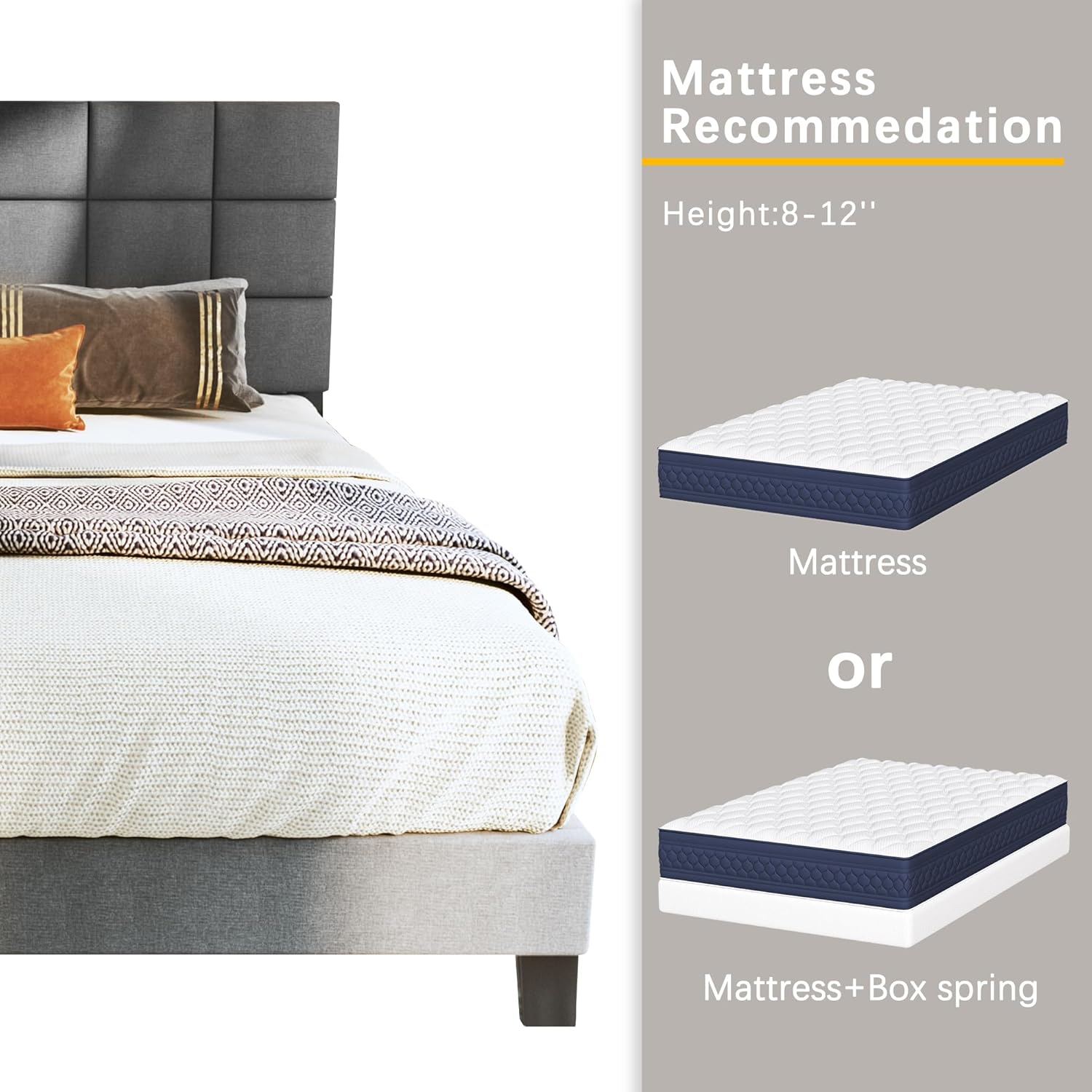 Base de cama tamaño matrimonial tapizada con cabecero ajustable de tela de lino, cabecera capitonada de tela de lino, soporte de listones de madera,