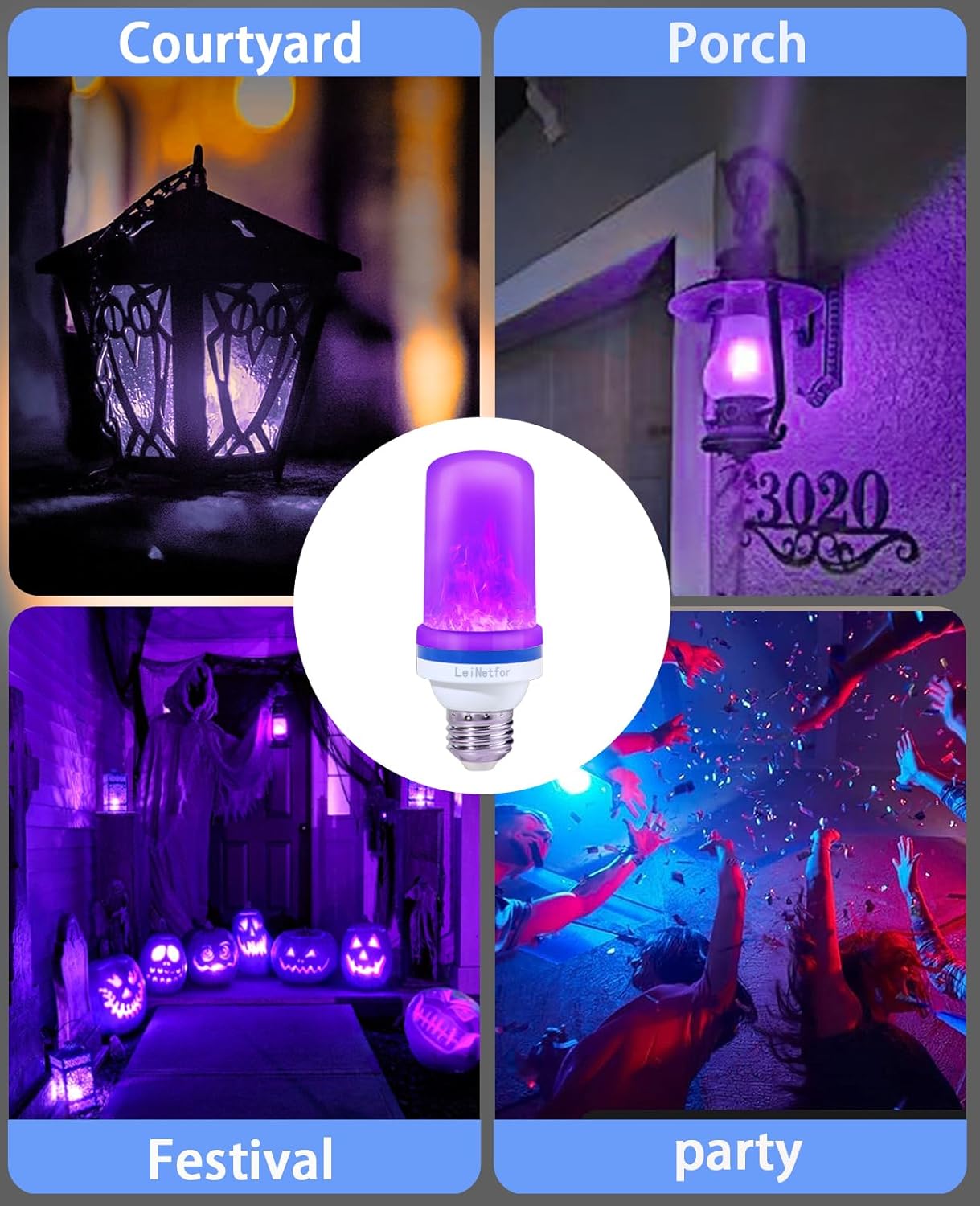 Bombillas LED de llama morada mejoradas, decoraciones de Halloween, bombillas para exteriores, base E26E27, bombillas parpadeantes moradas de