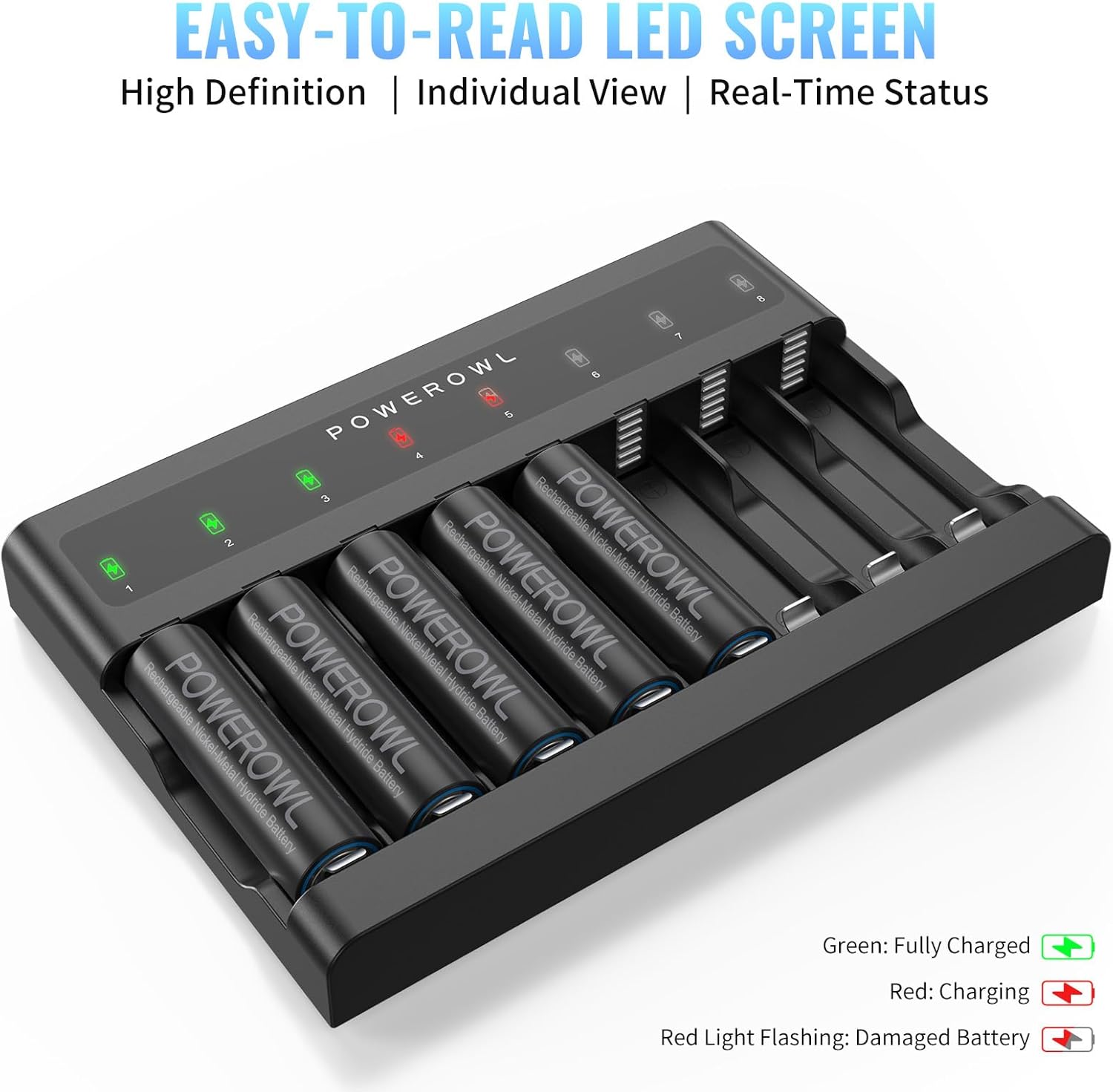 POWEROWL Cargador de batería AA AAA 8 bahías, ranura independiente, carga rápida USB para baterías recargables Ni-MH Ni-CD