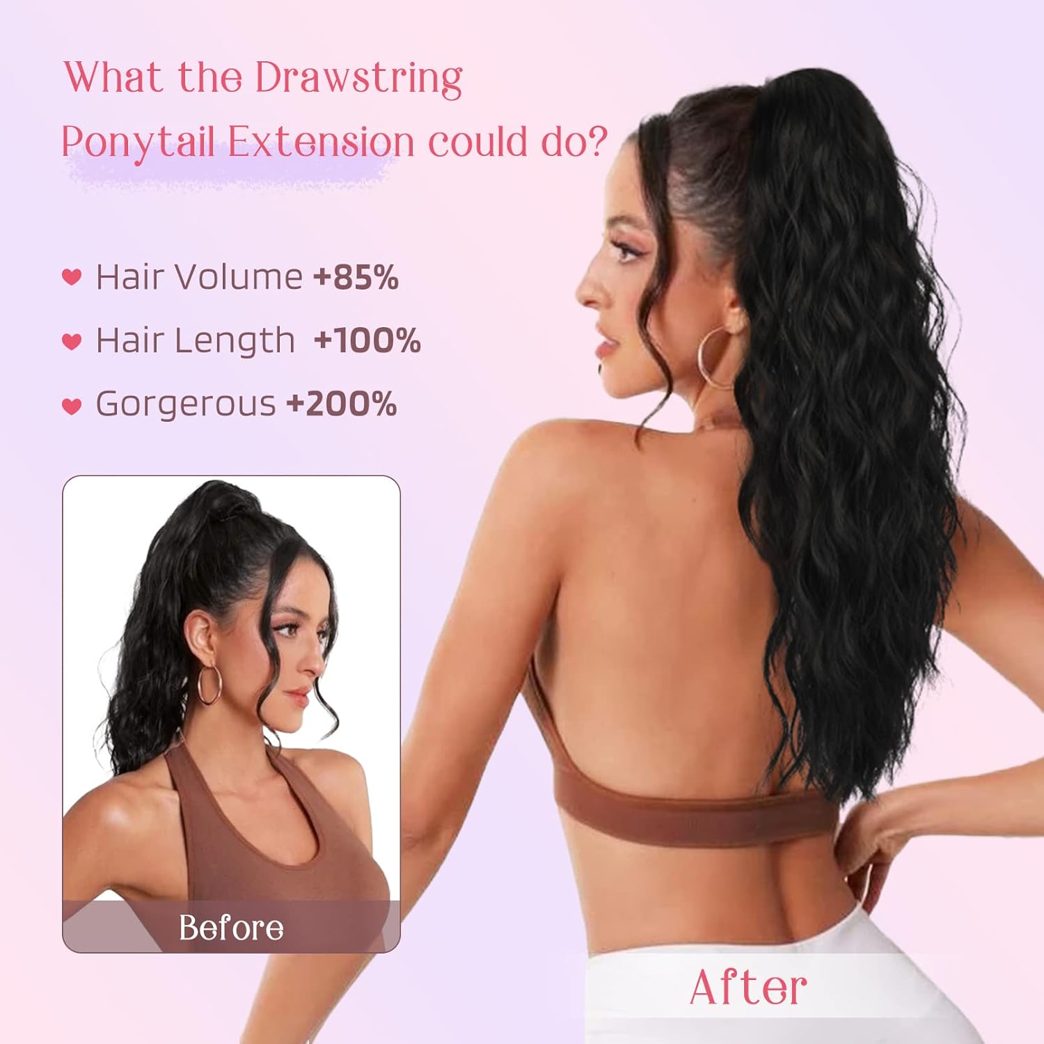 HOOJIH Extensión de cola de caballo, extensiones de cabello con cordón, 26 pulgadas de largo, rizado, ondulado, sintético, postizo natural para