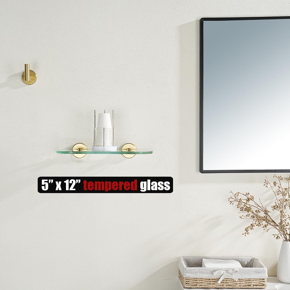 JQK Estante de vidrio para baño dorado, almacenamiento de ducha de vidrio templado de 12 x 5 pulgadas, montaje de pared dorado cepillado de acero