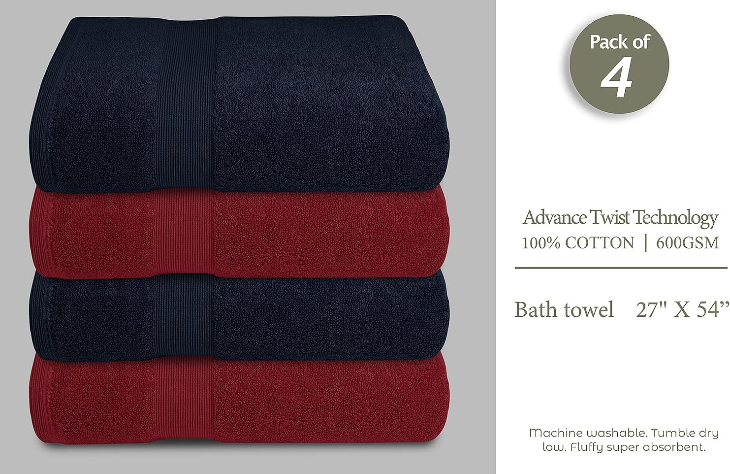 Softolle Toallas de baño de lujo 100% algodón, juego de 4 toallas de baño de 21.16 ozm, ecológicas, súper suaves, altamente absorbentes, con