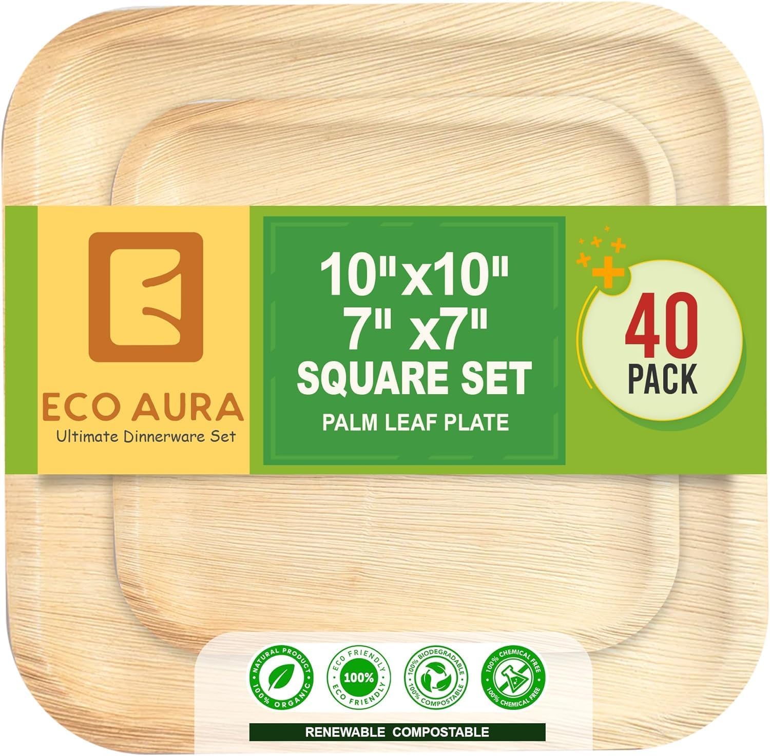 ECO AURA Platos cuadrados compostables de hoja de palma natural, biodegradables, desechables, como platos de bambú, platos ecológicos, perfectos