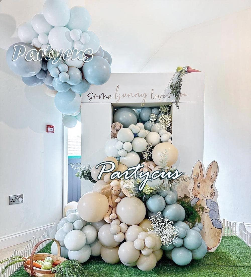 Guirnalda de globos de color azul polvoriento, globo azul claro pastel, kit de arco de globos de color blanco, arena, beige, crema, globos dorados
