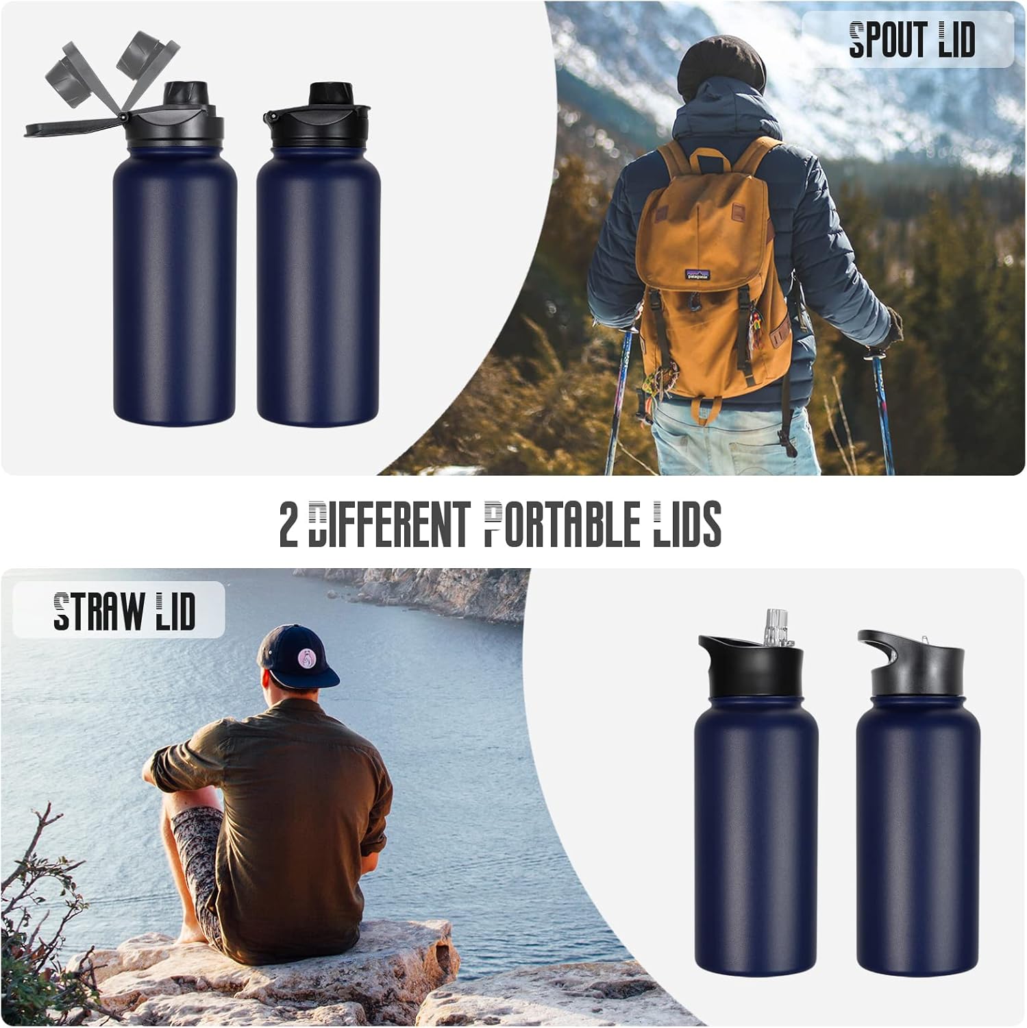 Paquete de 4 botellas de agua aisladas de 32 onzas, botellas de agua deportivas de acero inoxidable con tapa con popote y tapas de boca ancha, vacío