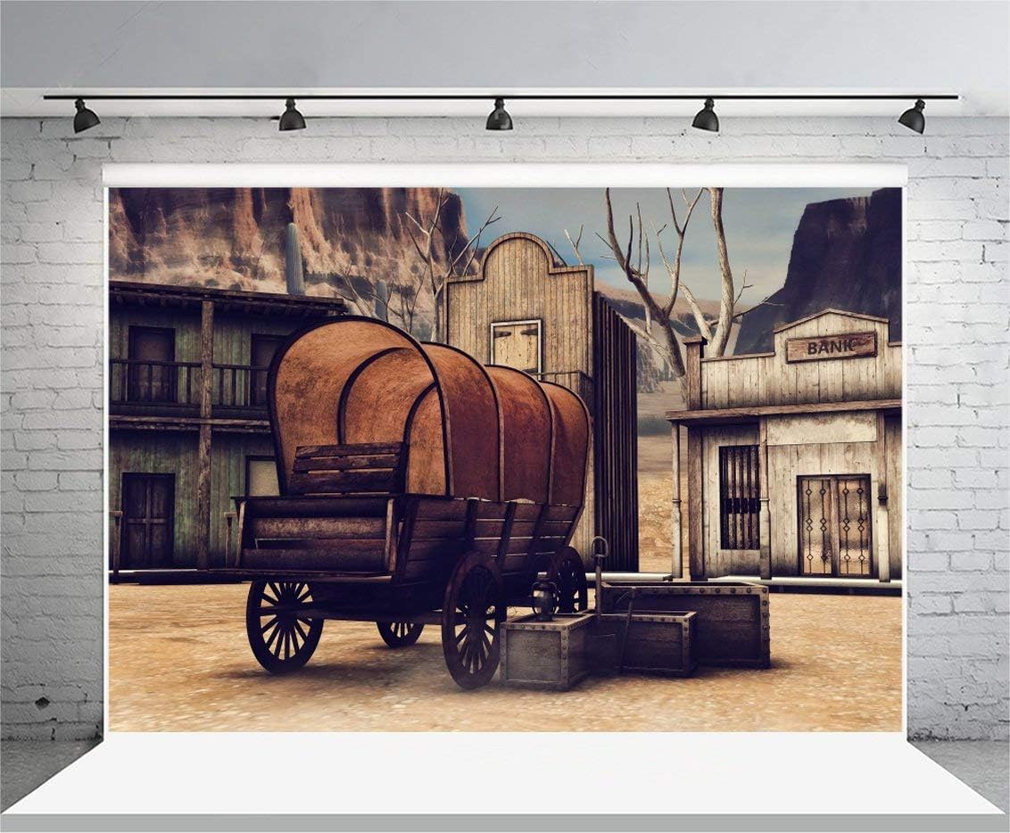 Laeacco Fondo occidental de madera de 7x5FT Fondo de fotografía de ciudad de madera Ancient Old Wagon Wild West Scene Banic House Wood Grunge