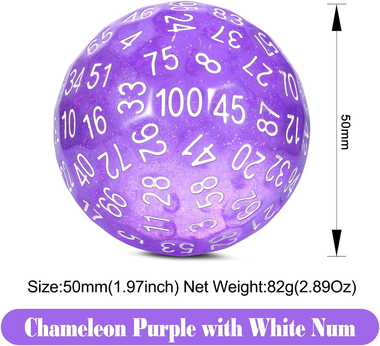 DNDND D100 – Dados morados con purpurina de 100 caras con bolsa translúcida para Calabozos y Dragones (Morado camaleón con número blanco)