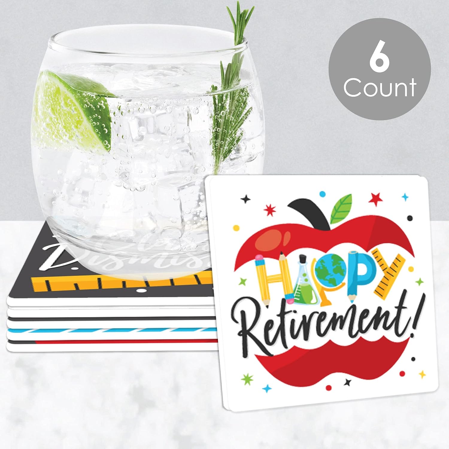 Big Dot of Happiness Maacher Retirement – Divertidas decoraciones de fiesta de jubilación feliz – Posavasos para bebidas – Juego de 6