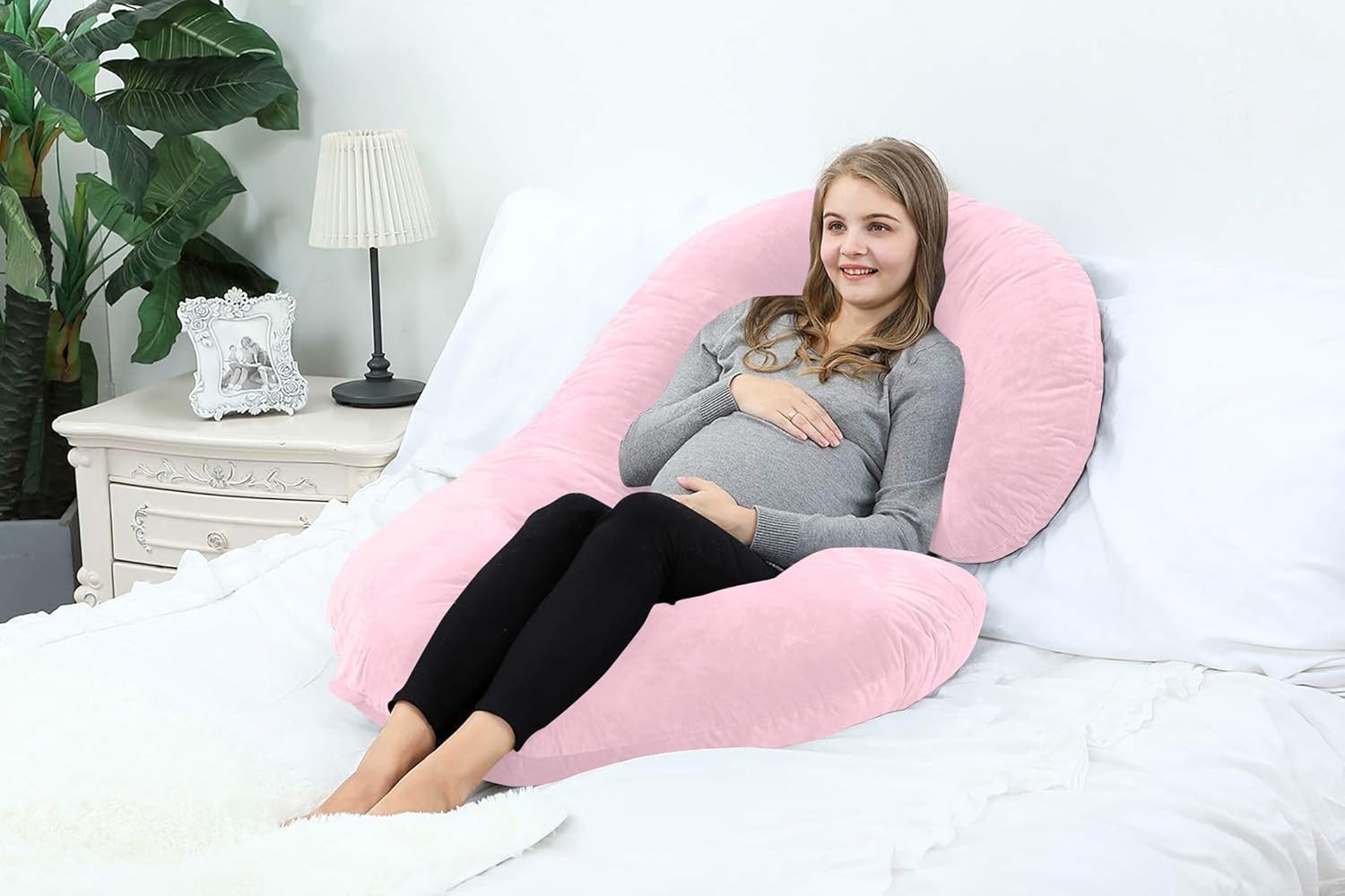 Almohadas de embarazo de 57 pulgadas, almohada de cuerpo completo en forma de C, rosa claro, almohadas de embarazo para dormir, funda de algodón