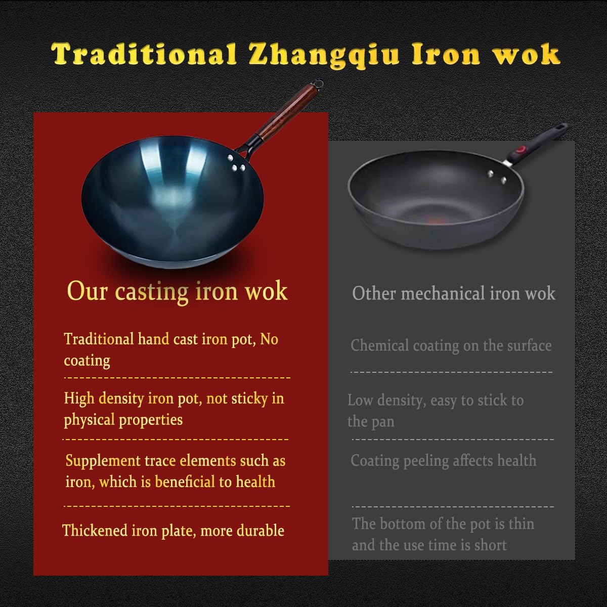 TKRADISH Wok de hierro fundido de 14 pulgadas, woks chinos de hierro martillado a mano con mango de madera y tapa, sartenes grandes antiadherentes,