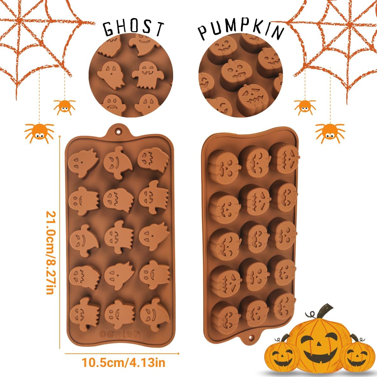 KAISHANE 2 moldes de chocolate de Halloween, molde de silicona de 15 cavidades, diferentes formas de calabazas de Halloween, moldes de chocolate