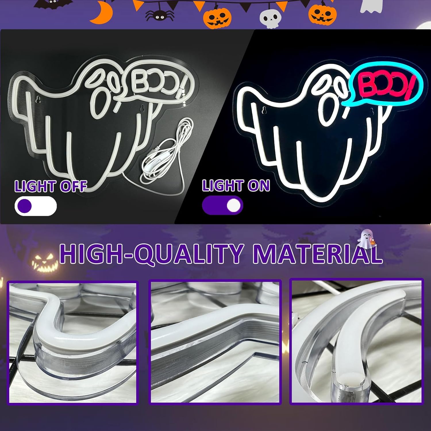 Letreros de neón de fantasma de Halloween, decoración de Halloween, letrero de luz LED de neón para decoración de pared de ventana de dormitorio,