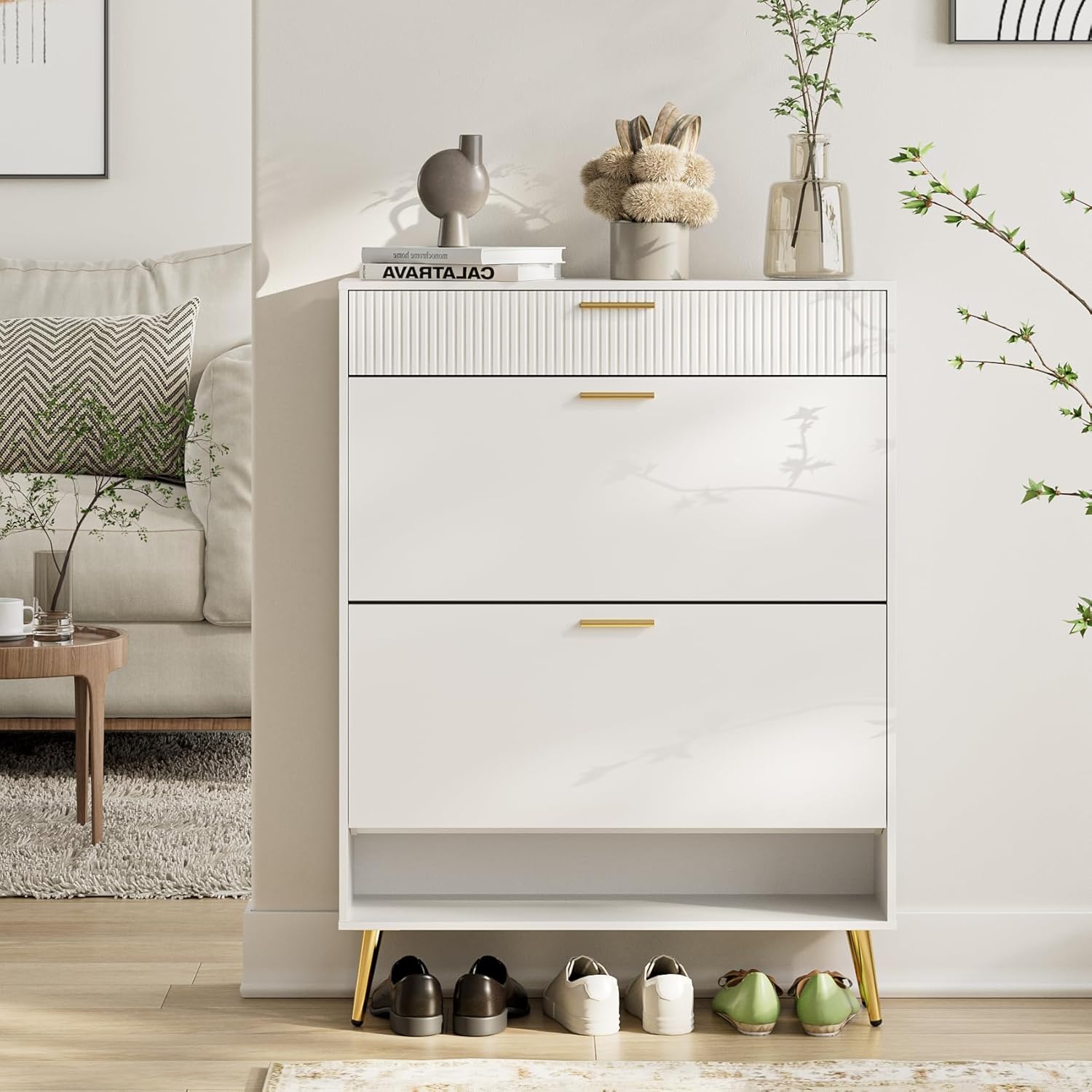 Acodaiuy Gabinete de almacenamiento de zapatos con 2 cajones abatibles, organizador de zapatos de pie para entrada, color blanco