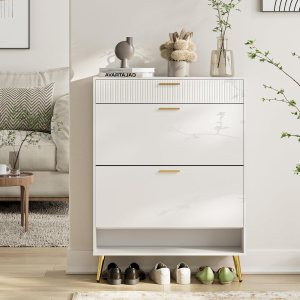 Acodaiuy Gabinete de almacenamiento de zapatos con 2 cajones abatibles, organizador de zapatos de pie para entrada, color blanco Acodaiuy Gabinete de almacenamiento de zapatos con 2 cajones abatibles, organizador de zapatos de pie para entrada, color blanco