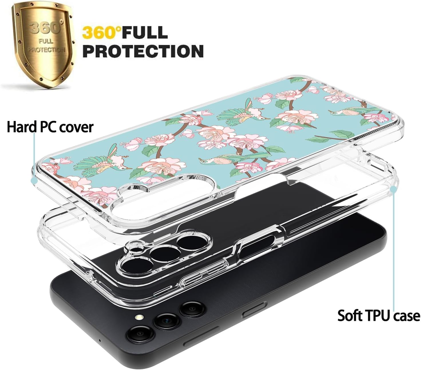 WZOKA Funda para Samsung Galaxy A14, funda original floral Samasung A14 con diseño híbrido 2 en 1, carcasa protectora fuerte de policarbonato TPU