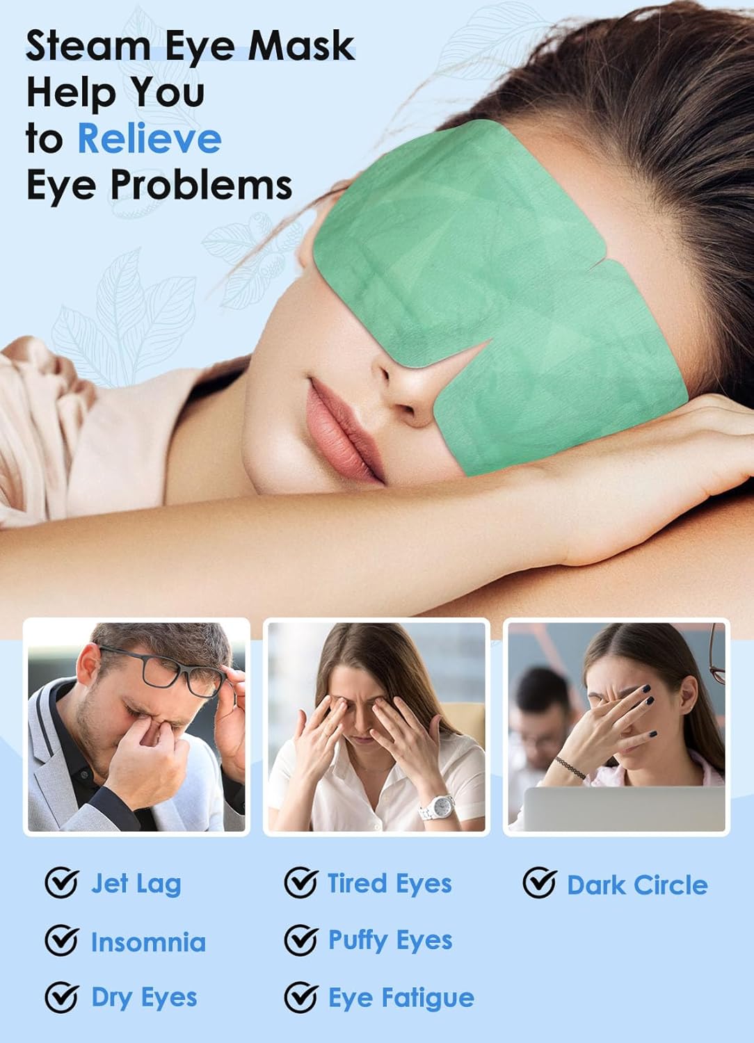Máscara de ojos de calor de vapor para ojos secos, máscara de ojos calentada desechable, compresa de ojos cálida para ojeras, máscara de ojos de spa