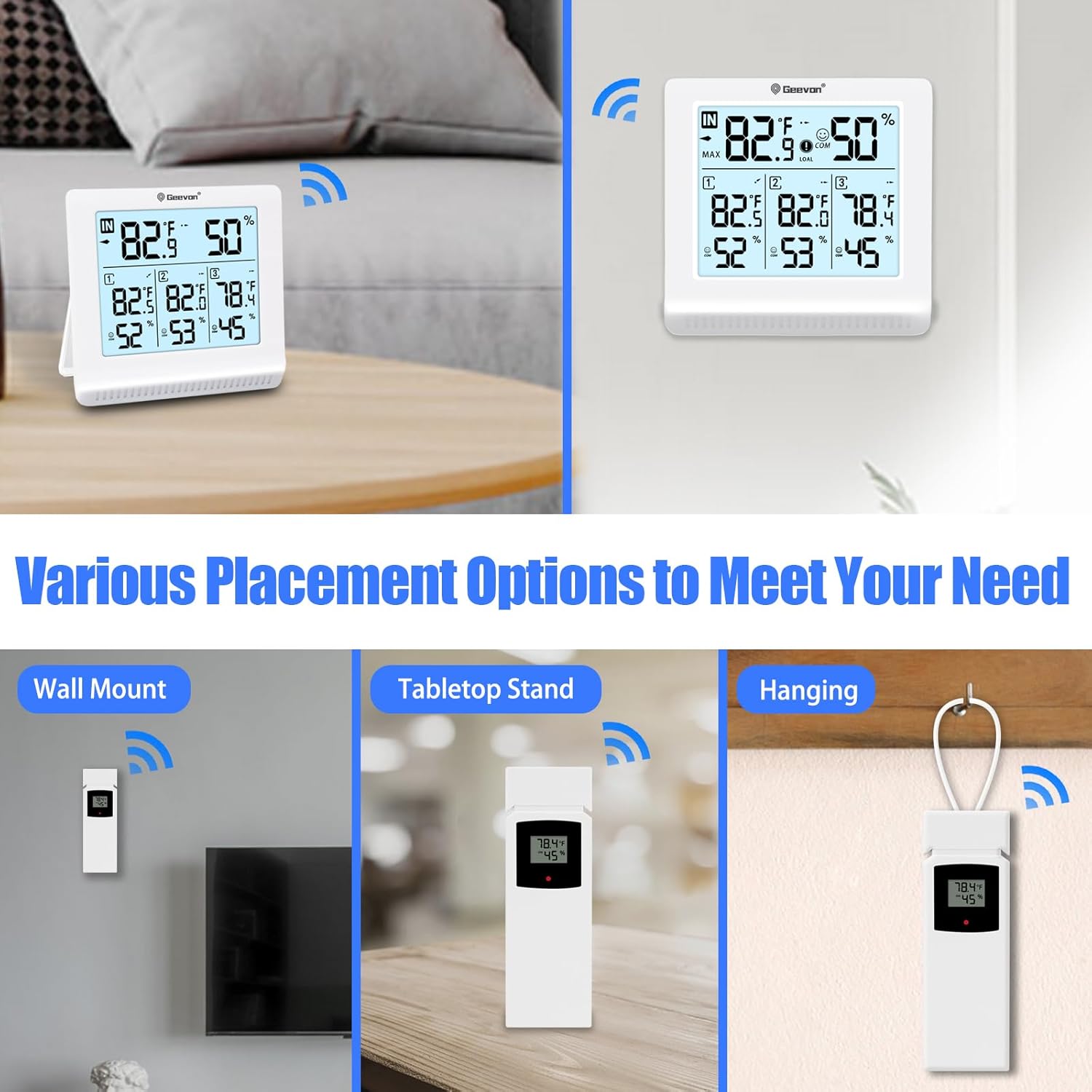 Geevon Termómetro inalámbrico para interiores y exteriores con 3 sensores remotos, termómetro higrómetro digital, medidor de temperatura y monitor