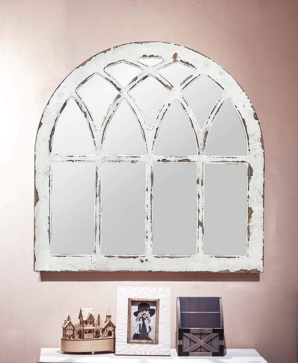Espejo de pared de madera con arco de catedral rústico, espejo de pared con marco de madera rústica para ventana, color blanco envejecido, 31-78