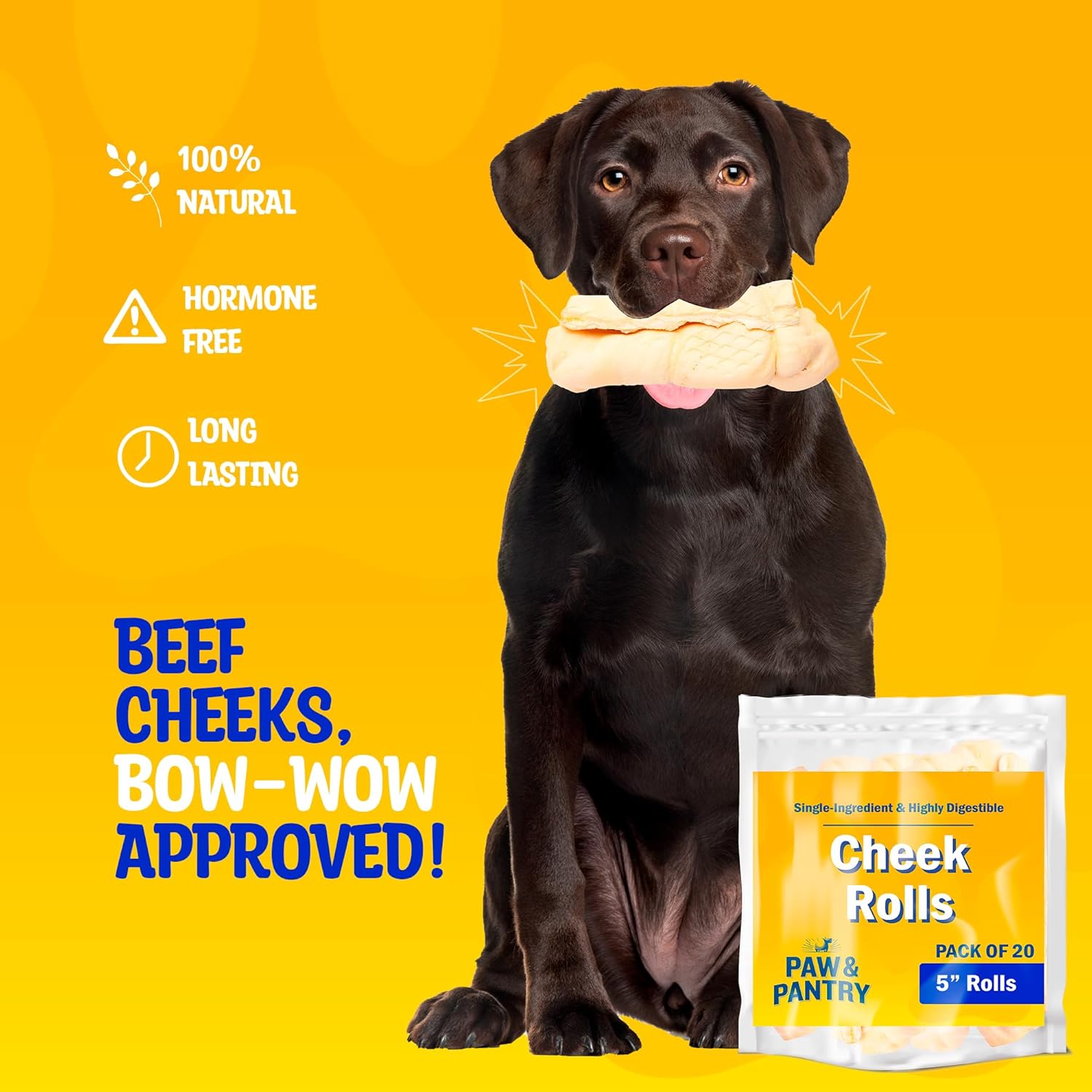 Paw & Pantry Rollos de mejillas de res totalmente naturales de 5 pulgadas para perros (paquete de 20) mejillas de res para perros, rollos de